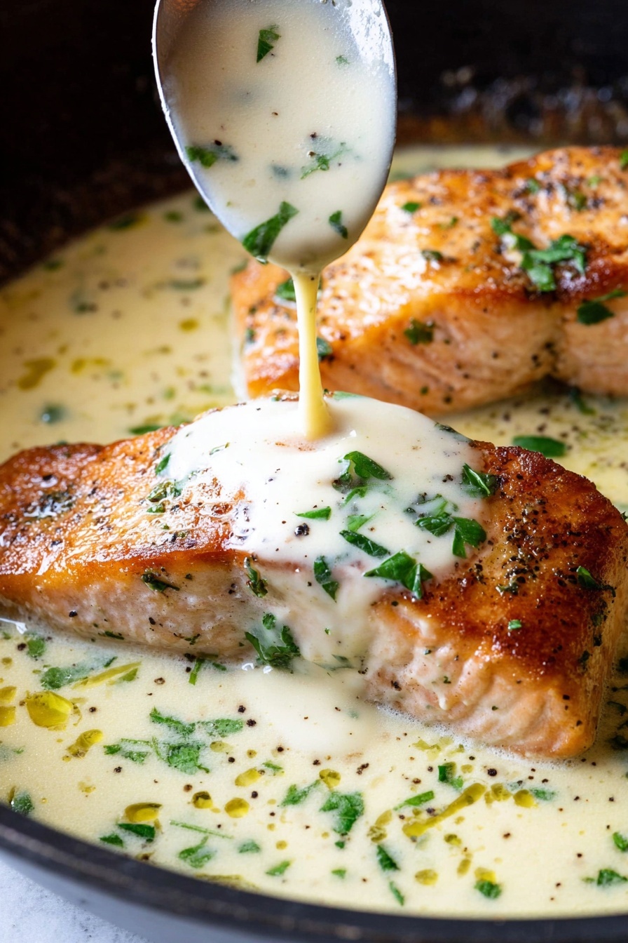 creamy garlic salmon - A close-up view of two cooked salmon fillets with a crispy golden-brown surface, lying flat in a white creamy sauce inside a pan. The sauce is being poured over the fillet from a spoon above, showing a smooth, thick texture with green herbs scattered throughout. Small chopped green parsley leaves and black pepper bits are sprinkled over the salmon and the sauce, adding color contrast. The background shows the dark edge of the pan, and the base beneath the pan is a white marbled texture. Photo taken with an iphone --ar 2:3 --v 7