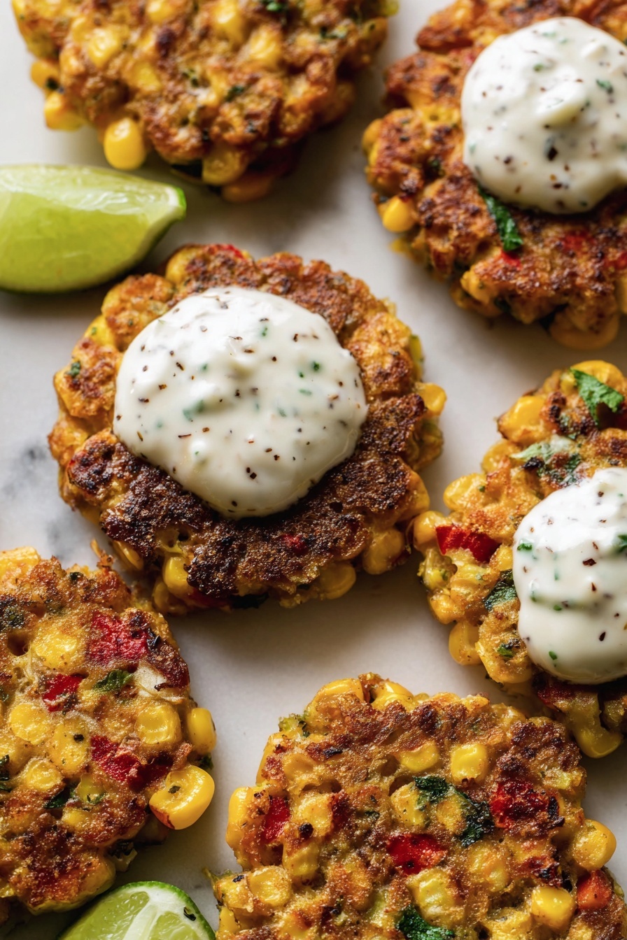 The image shows round corn fritters arranged close together on a white marbled surface. Each fritter has a golden brown, slightly crispy outer layer with visible corn kernels and bits of red pepper and green herbs mixed inside, giving a colorful texture. On top of two fritters, there is a thick dollop of creamy white sauce with tiny green and dark specks, placed right in the center. A wedge of green lime sits at the edge, adding a fresh touch to the scene. Photo taken with an iphone --ar 2:3 --v 7
