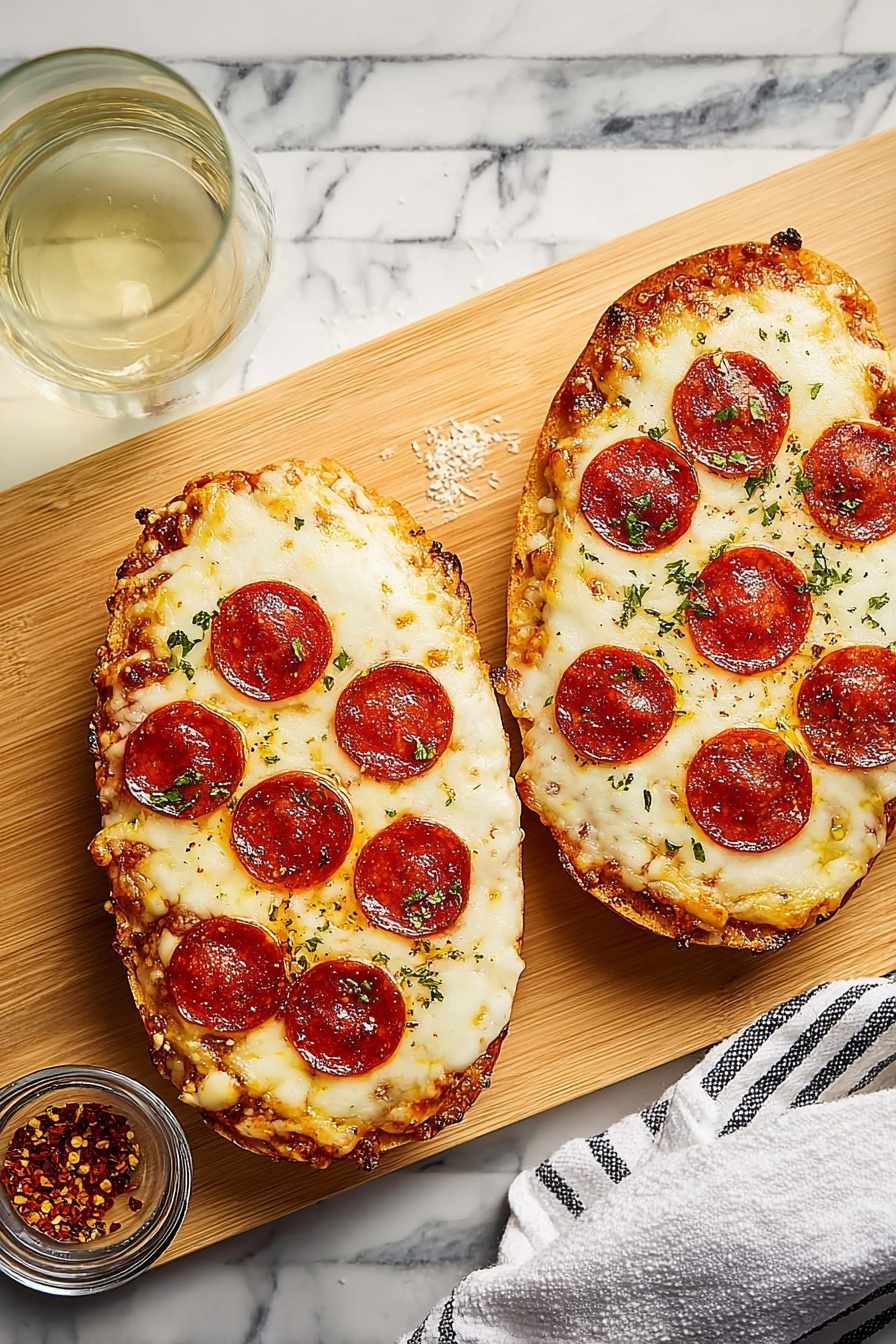 Two oval-shaped bread bases are topped with a thick layer of melted white cheese that covers each base fully, bubbling slightly with a golden edge. On top of the cheese, five bright red pepperoni slices are evenly spaced in one bread and six in the other, each slice sprinkled with small bits of green herbs and light brown seasoning. The bread edges are golden brown and crispy, with some parts puffed up. The bread rests on a light wooden board with a small clear bowl of red chili flakes next to it. To the right, there is a clear glass of light-colored drink and a white cloth with black stripes on a white marbled surface photo taken with an iphone --ar 2:3 --v 7