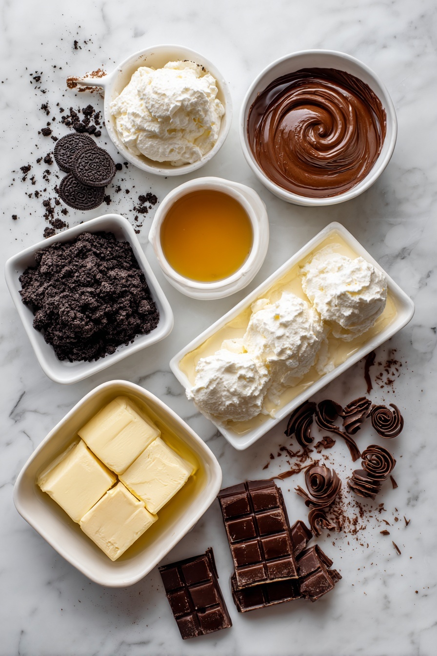 Flat lay of crushed Oreo cookie crumbs, whole Oreo cookies, soft cream cheese blocks, fluffy Cool Whip dollops, instant vanilla pudding mix box, instant chocolate pudding mix box, smooth melted butter pool, rich chocolate syrup drizzles, and elegant chocolate curls, all beautifully arranged on a white marble surface, photo taken with an iphone --ar 2:3 --v 7