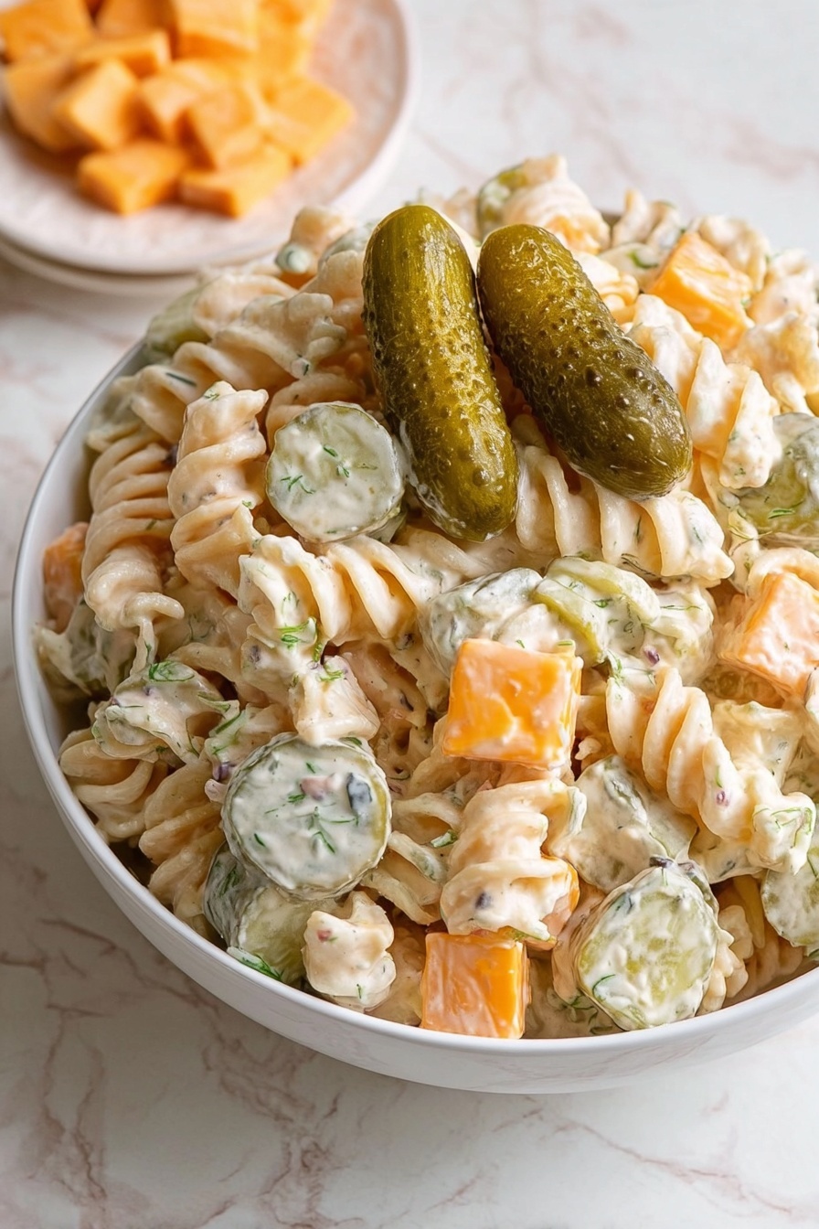A white bowl filled with a creamy pasta salad, showing three main layers: the bottom layer has twisted pasta pieces in a light cream sauce, the middle layer contains small green pickles sliced in rounds mixed throughout, and the top layer has orange cubes of cheese scattered. Two whole whole pickles sit on top as a garnish. The white marbled surface under the bowl adds a clean look. photo taken with an iphone --ar 2:3 --v 7