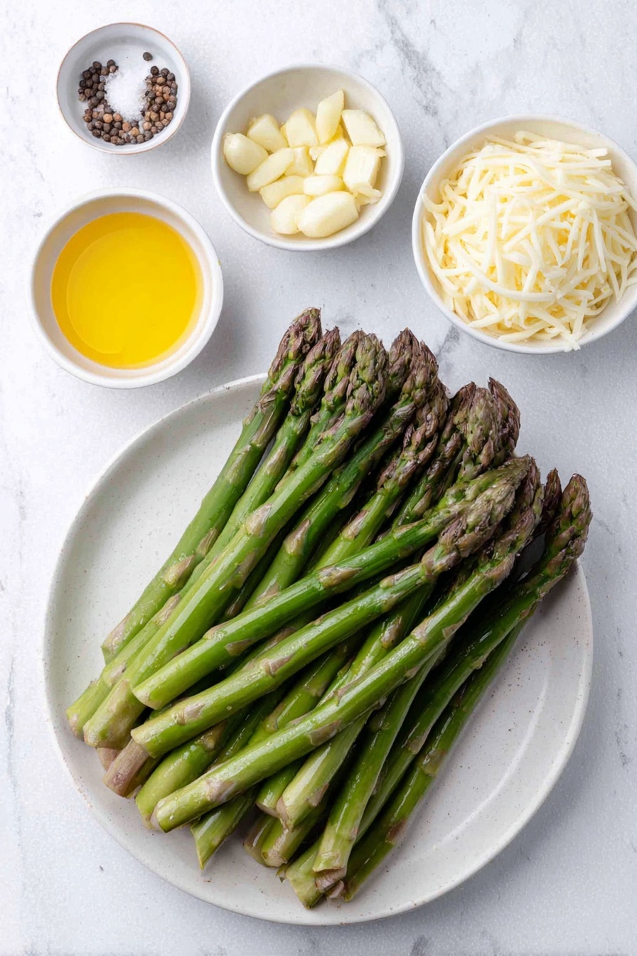 Flat lay of fresh green asparagus spears with woody ends trimmed, a small white ceramic bowl of golden olive oil, a small white bowl holding finely minced garlic, another small white bowl containing coarse salt crystals, a small white bowl with cracked black peppercorns, and a neat pile of shredded white mozzarella cheese on a simple white ceramic plate, all arranged with perfect symmetry and balanced proportions, placed on a clean white marble surface, soft natural light, photo taken with an iPhone, professional food photography style, fresh ingredients, white ceramic bowls, no bottles, no duplicates, no utensils, no packaging --ar 2:3 --v 7 --p awthu7i m7354615311229779997