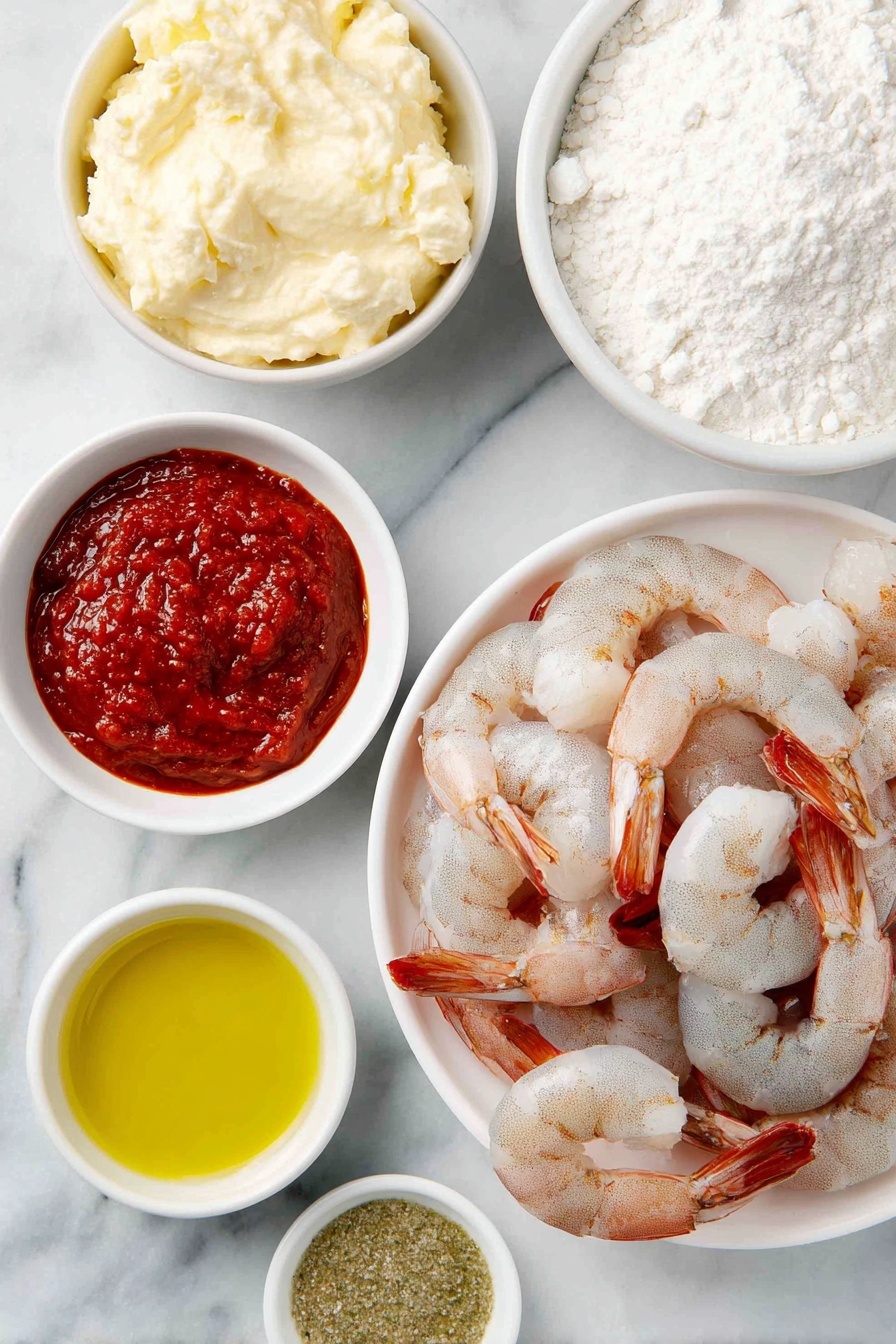 Flat lay of a small white ceramic bowl of creamy mayonnaise, a small white ceramic bowl of vibrant red Thai sweet chili sauce, a small white ceramic bowl of bright red Sriracha, a cluster of raw, peeled and deveined shrimp with glossy shells and tails intact, a small white ceramic bowl of fresh buttermilk, a small white ceramic bowl filled with fine, white cornstarch, and a small puddle of golden vegetable oil in a small white ceramic bowl, all arranged in perfect symmetry, placed on a clean white marble surface, soft natural light, photo taken with an iPhone, professional food photography style, fresh ingredients, white ceramic bowls, no bottles, no duplicates, no utensils, no packaging --ar 2:3 --v 7 --p awthu7i m7354615311229779997