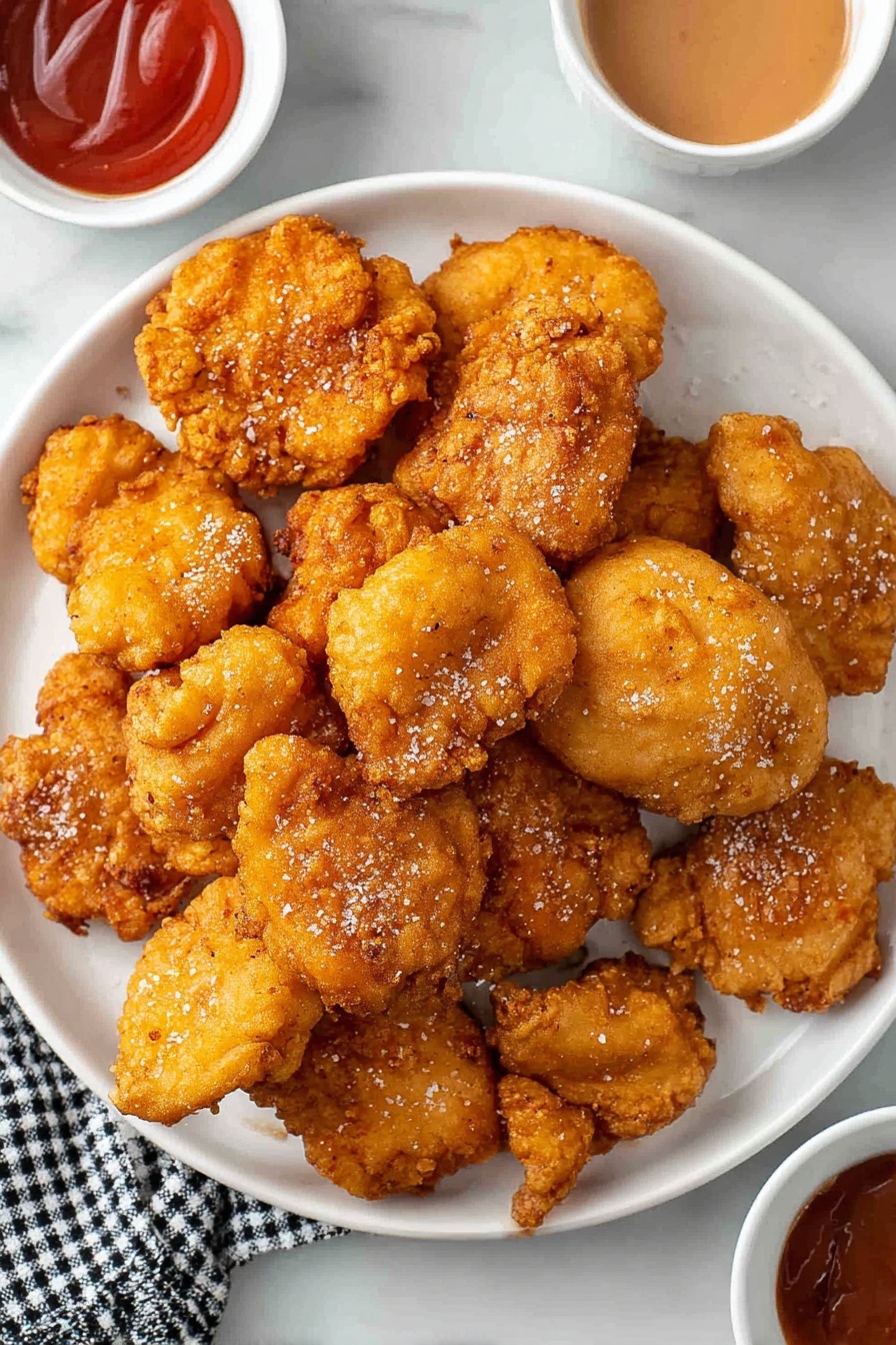 A white plate filled with multiple pieces of golden brown fried chicken with a crunchy texture, some pieces are round and flat while others are irregularly shaped, all showing a crispy, rough surface. The fried chicken is sprinkled lightly with coarse salt. Below the plate is a white marbled surface with two small white bowls containing red and light brown dipping sauces, alongside a black and white checkered cloth partially visible on the left side. Photo taken with an iphone --ar 2:3 --v 7