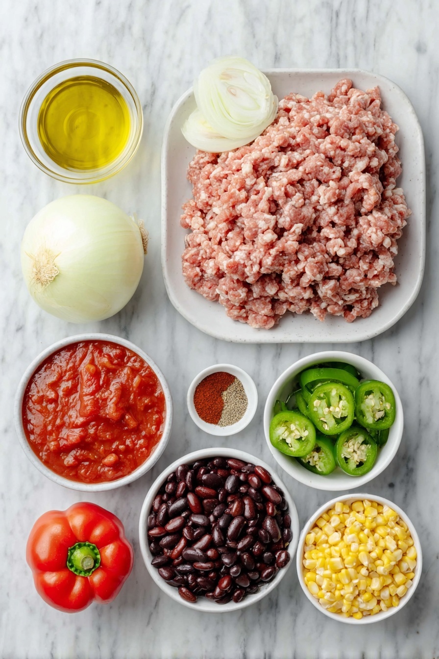 Flat lay of a small white ceramic bowl of golden olive oil, a white ceramic plate with a mound of raw, pink lean ground turkey, a whole medium yellow onion with a few diced pieces beside it, one whole fresh red bell pepper sliced to show inside, one whole fresh yellow bell pepper chopped, a simple white bowl filled with smooth red tomato sauce, another white bowl with red petite diced tomatoes, two white bowls each containing glossy black beans and red kidney beans rinsed and drained, a white bowl holding sliced green jalapeño peppers, a small white bowl of bright yellow frozen corn kernels, small piles of deep red chili powder and light brown cumin powder, scattered fresh black peppercorns and coarse salt crystals in a tiny white dish, all arranged symmetrically and balanced, placed on a clean white marble surface, soft natural light, photo taken with an iPhone, professional food photography style, fresh ingredients, white ceramic bowls, no bottles, no duplicates, no utensils, no packaging --ar 2:3 --v 7 --p awthu7i m7354615311229779997