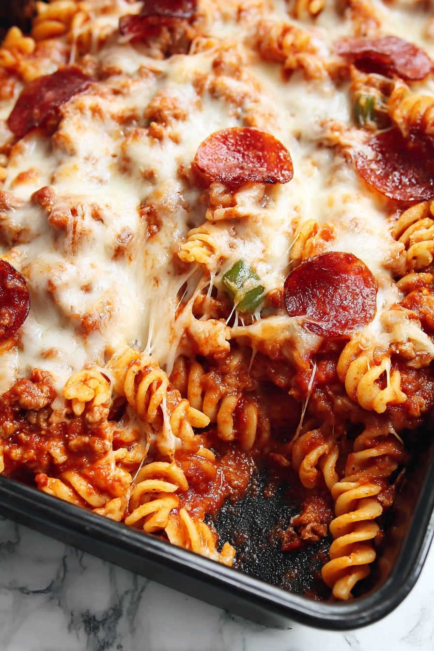 This image shows a close-up of a baked pasta dish in a black baking pan, placed on a white marbled surface. The dish has three visible layers: at the bottom is a rich, red tomato sauce with chunks of meat; the middle layer consists of tightly spiraled rotini pasta coated with the sauce; the top layer is a melted, creamy white cheese mixed with scattered slices of dark red pepperoni and small pieces of green bell pepper. The cheese has a stretchy, slightly browned texture that blends with the pasta and toppings, creating a warm and inviting look. Photo taken with an iphone --ar 2:3 --v 7