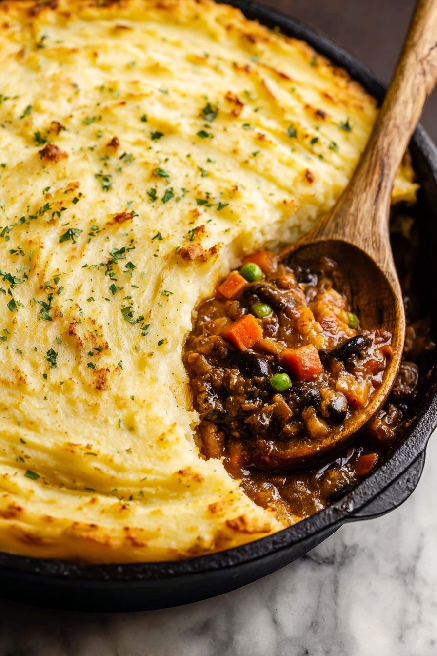 A close-up of a round black cast iron pan filled with two layers: the top layer is a smooth, golden brown mashed potato crust sprinkled with small green herb bits, slightly browned on the edges with soft ridges; the bottom layer visible where a section is scooped out shows a thick, brown meat and vegetable stew with visible orange carrot cubes, green peas, and dark mushrooms. A wooden spoon is scooping the stew from the bottom right side of the pan. The pan sits on a white marbled surface. Photo taken with an iphone --ar 2:3 --v 7