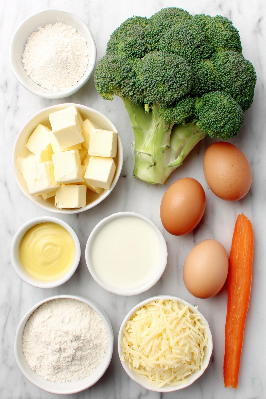Flat lay of fresh bright green broccoli florets, a large vibrant orange carrot julienned, a medium yellow onion chopped, three peeled garlic cloves, two whole brown eggs with clean shells, a small white bowl of pale yellow unsalted butter cubes, a small white bowl of fine all-purpose flour, a small white bowl of creamy whole milk, a small white bowl of golden vegetable broth, a small white bowl of bright yellow Dijon mustard, a small white bowl filled with shredded sharp cheddar cheese, a few grinds of freshly cracked black pepper and coarse sea salt crystals arranged symmetrically, all placed on a clean white marble surface, soft natural light, photo taken with an iPhone, professional food photography style, fresh ingredients, white ceramic bowls, no bottles, no duplicates, no utensils, no packaging --ar 2:3 --v 7 --p m7354615311229779997