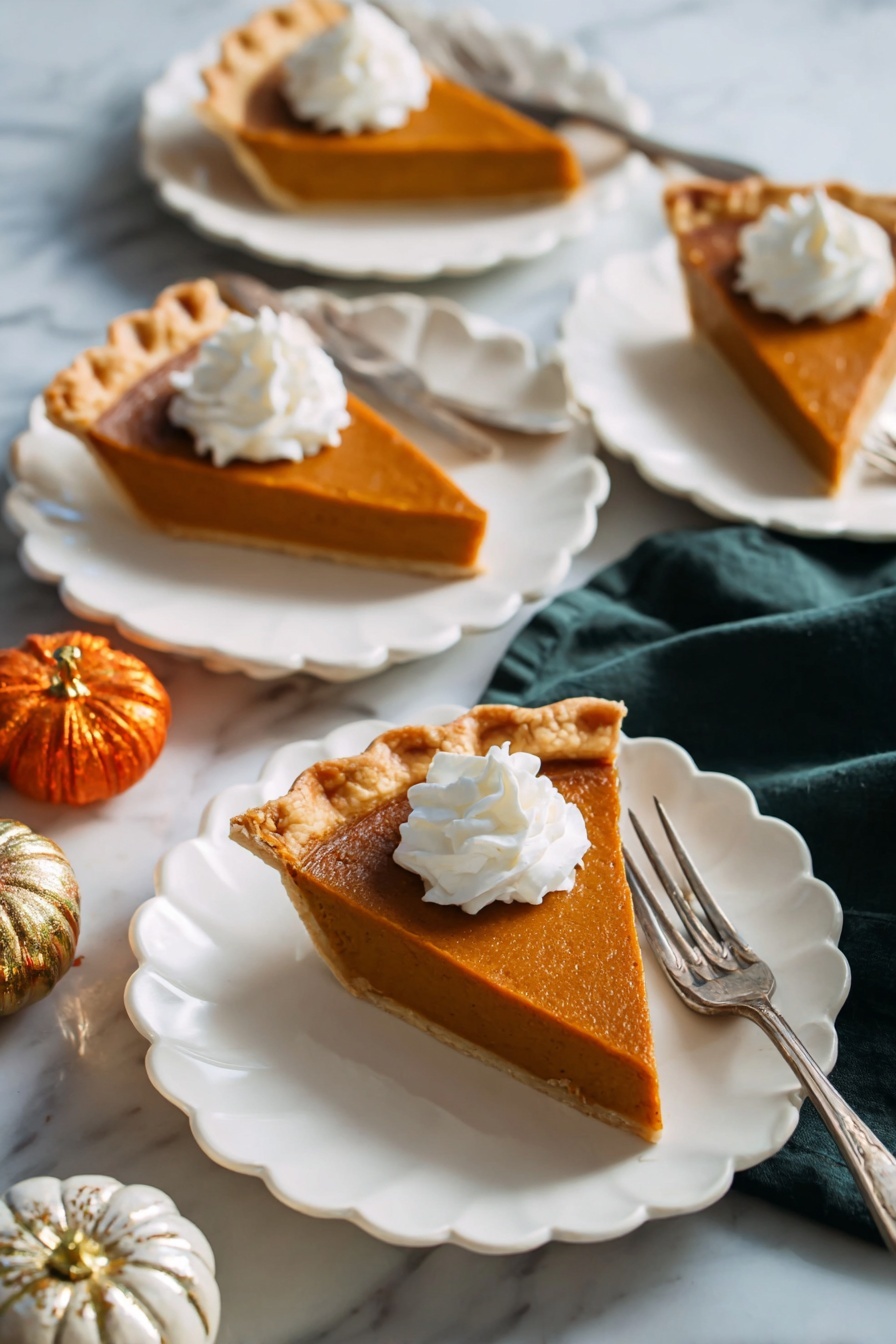 The image shows four slices of pumpkin pie on white plates with scalloped edges, arranged diagonally on a white marbled surface. Each slice has two layers: a thick, smooth, orange pumpkin filling and a golden-brown crust with a crimped edge. A swirl of white whipped cream sits on top of each pie slice. The slice in the front is closest and has a silver fork placed on the right side of the plate. To the bottom left of the image, there are small decorative pumpkins, one orange with a shiny gold stem and one white with a gold stem. A dark green cloth napkin is casually placed in the top right area of the frame. There are also two silver forks visible in the upper left corner. The overall lighting is soft and natural, highlighting the texture and colors of the pie slices. photo taken with an iphone --ar 2:3 --v 7