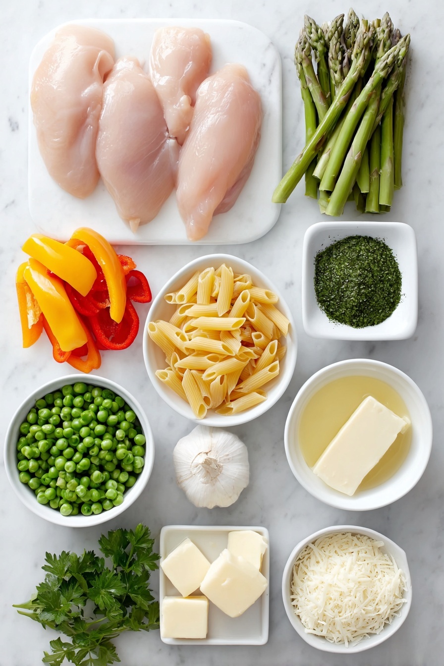 Flat lay of two medium raw chicken breasts chopped into bite size pieces, a small pile of bright green asparagus pieces chopped into 1-inch lengths, a small mound of uncooked penne pasta, a whole yellow onion with a few pieces chopped next to it, thin slices of red, yellow, and orange bell peppers arranged neatly, several cloves of fresh garlic unpeeled, a small white ceramic bowl with golden olive oil, a small white ceramic bowl with smooth honey, a small white ceramic bowl with fresh lime juice, a small white ceramic bowl with pale unsalted butter cubes, a small white ceramic bowl containing fine flour, a small white ceramic bowl filled with low sodium chicken broth, a small white ceramic bowl with creamy half and half, a small white ceramic bowl with crushed chicken bouillon, a small white ceramic bowl holding dried oregano leaves, a small white ceramic bowl with freshly shredded sharp cheddar cheese, a small white ceramic bowl with freshly grated Parmesan cheese, a small pile of frozen petite peas still intact, and a small bunch of fresh bright green parsley leaves, all evenly spaced and balanced, placed on a clean white marble surface, soft natural light, photo taken with an iPhone, professional food photography style, fresh ingredients, white ceramic bowls, no bottles, no duplicates, no utensils, no packaging --ar 2:3 --v 7 --p m7354615311229779997