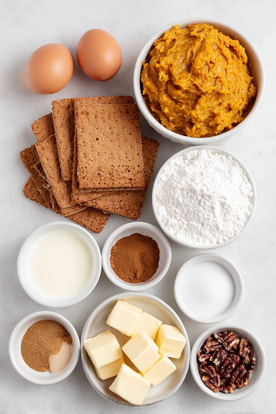 Flat lay of whole uncracked brown eggs, a small pile of fresh whole gingersnap cookies, a small stack of graham cracker sheets, a small mound of granulated sugar, a few cubes of unsalted butter, a small white bowl of bright orange pumpkin puree, a small white bowl of packed light brown sugar, a small white bowl with mixed ground cinnamon, nutmeg, allspice, cloves, ground ginger, salt, and pepper, a small white bowl of heavy cream, a small white bowl of cornstarch, a small white bowl of finely chopped pecans, a small white bowl of dark brown sugar, a small white bowl of corn syrup, a small white bowl of vanilla extract, a small white bowl of turbinado sugar, all arranged symmetrically on a simple white ceramic surface, placed on a clean white marble surface, soft natural light, photo taken with an iPhone, professional food photography style, fresh ingredients, white ceramic bowls, no bottles, no duplicates, no utensils, no packaging --ar 2:3 --v 7 --p m7354615311229779997