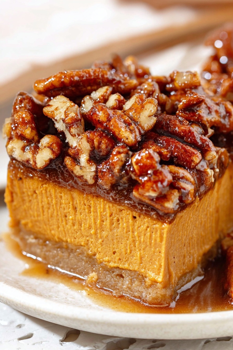 A close-up view of a two-layer dessert in a white baking dish lined with parchment paper, featuring a thick bottom layer of smooth, rich orange pumpkin filling with a creamy texture and a rough, crumbly crust at the base, topped by a thick, uneven layer of glossy, dark brown caramelized pecans that shine and glisten, with a metal spatula partially lifting the dessert, showing the contrast between the layers and the glossy nuts, all set on a white marbled surface photo taken with an iphone --ar 2:3 --v 7