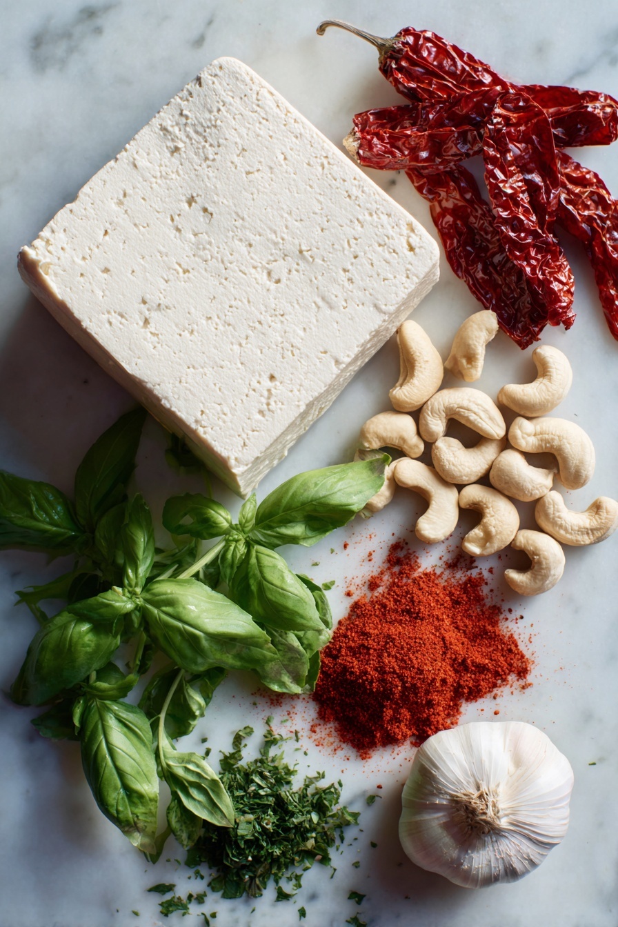 Creamy Sun-Dried Tomato Cashew Tofu - Flat lay of firm tofu block with smooth, creamy white texture, raw cashews in their natural beige shells, bright red sun-dried tomatoes with a slightly wrinkled surface, vibrant green fresh basil and parsley leaves finely chopped with delicate veins, a large shallot showing pale purple and white layers, garlic cloves with smooth white skin, and a small pile of paprika powder in rich red color, all beautifully arranged with natural spacing and color contrast, placed on white marbled surface, photo taken with an iphone --ar 2:3 --v 7
