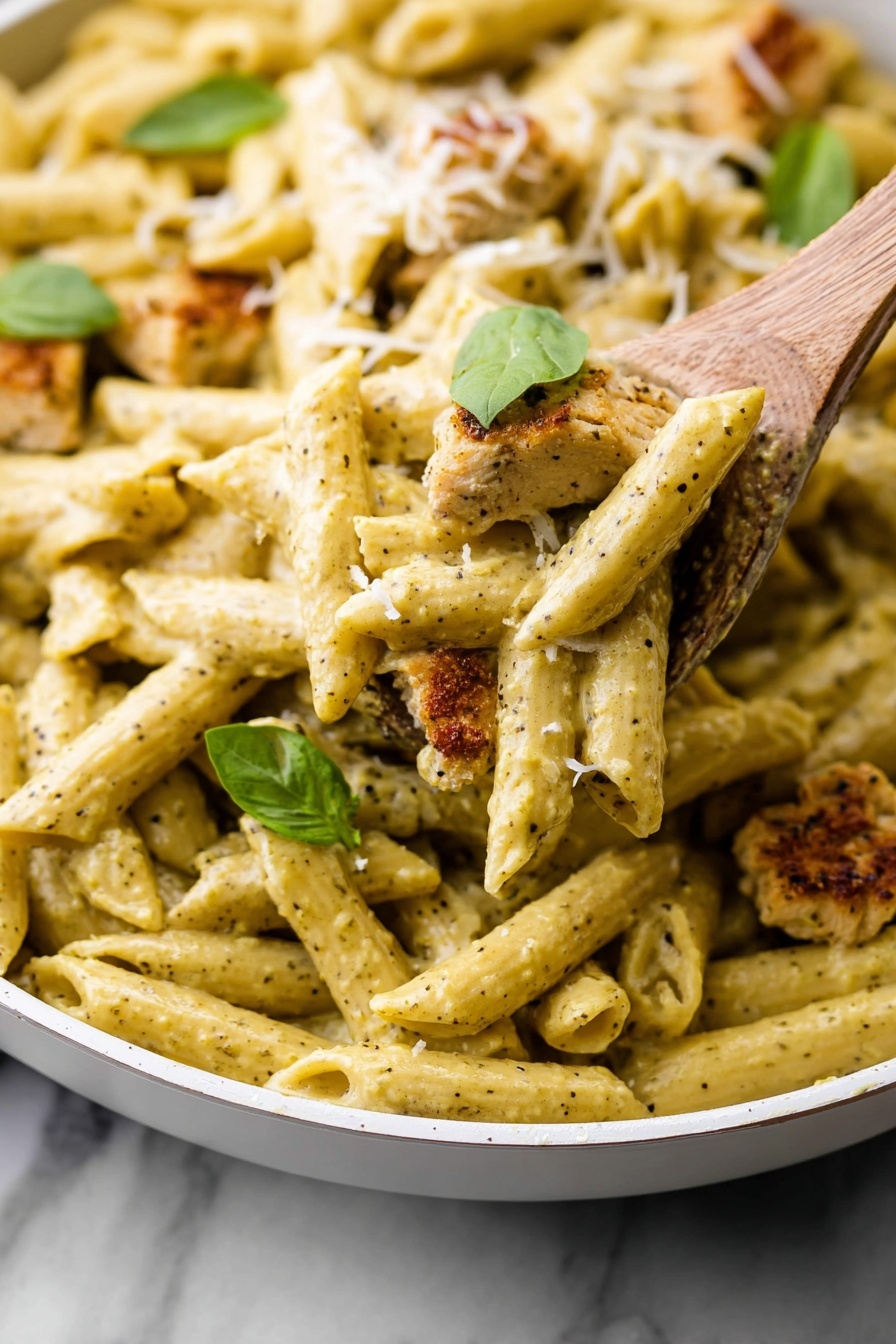 Creamy Pesto Chicken - The image shows a close-up of creamy pasta with three visible layers. The base layer is penne pasta cooked to a soft yellow color and coated evenly with a smooth, light beige sauce mixed with small black pepper specks. On the second layer, there are pieces of cooked chicken with a golden-brown crust, adding texture and color contrast. The top layer has small green basil leaves scattered across the pasta along with fine shavings of white cheese sprinkled throughout. A wooden spoon lifts some pasta from a white bowl, and the whole scene is set on a white marbled surface. Photo taken with an iphone --ar 2:3 --v 7