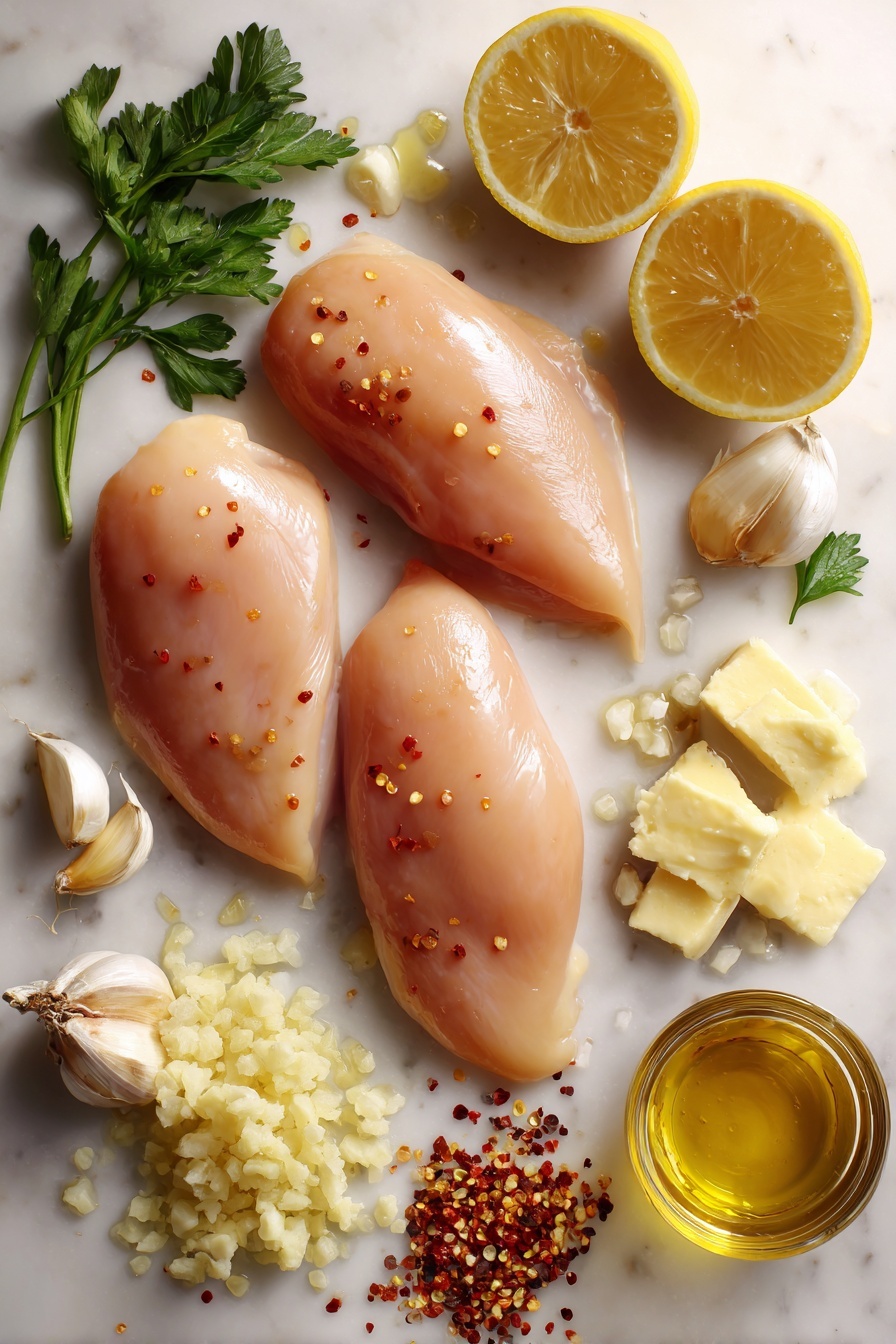 Lemon Garlic Chicken - Flat lay of four plump, raw boneless skinless chicken breasts with smooth pale pink skin, fresh bright yellow lemon halves and wedges showing juicy pulp, a small pile of finely minced white garlic cloves, a few dollops of rich golden butter, glossy green sprigs of fresh parsley, a small heap of golden honey glistening under the light, scattered red pepper flakes adding tiny red specks, and a thin stream of clear golden olive oil arranged naturally with soft shadows, placed on white marbled surface, photo taken with an iphone --ar 2:3 --v 7