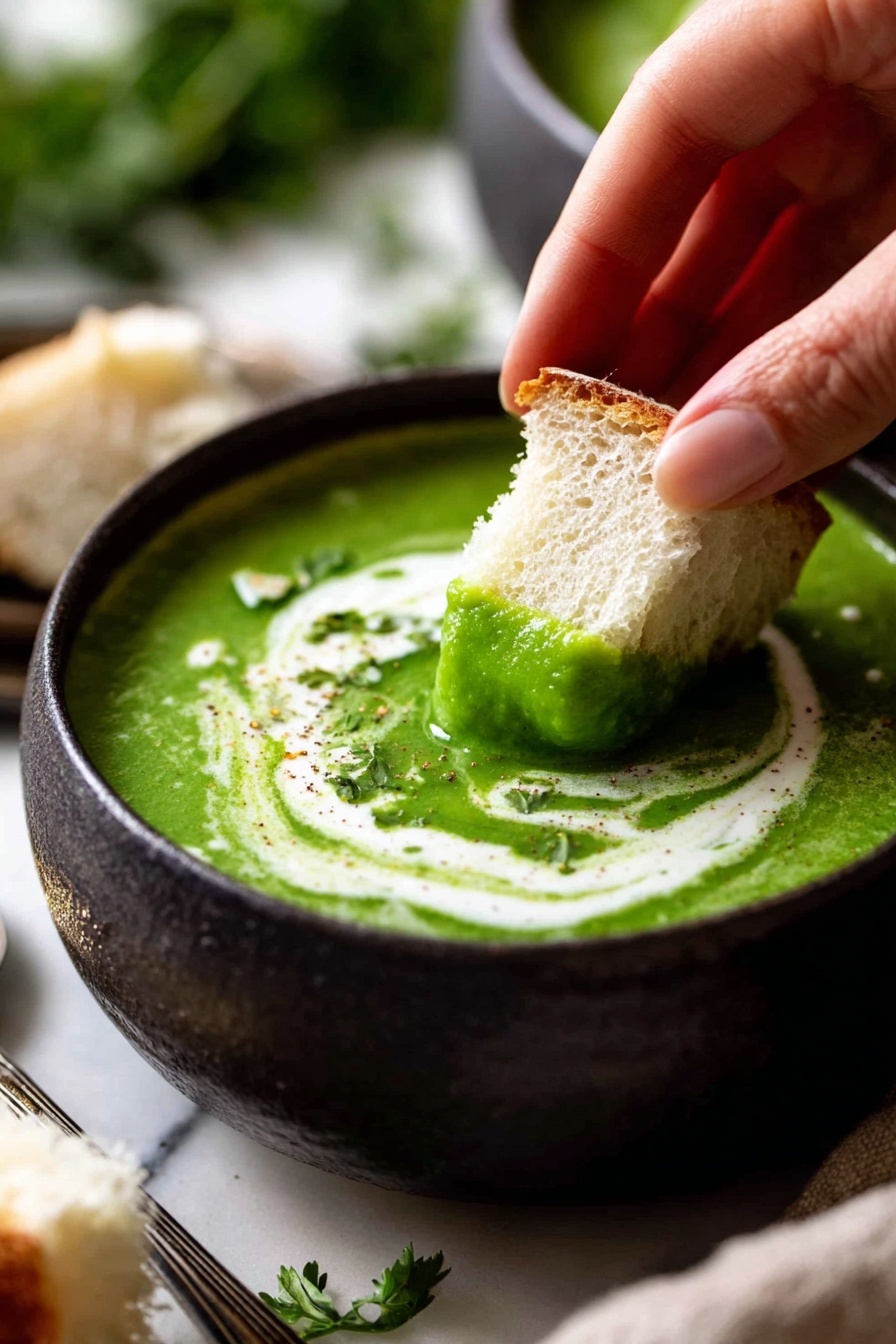 Immunity Boosting Soup - Three white bowls hold a thick, bright green soup with a smooth texture. Each bowl has a swirl of white cream on the top, decorated with small sunflower seeds and drops of golden olive oil. One bowl has a silver spoon placed inside. The bowls sit on a soft grey cloth with a zigzag pattern, surrounded by fresh green kale leaves and pieces of light beige bread with soft insides. The background is a white marbled surface. photo taken with an iphone --ar 2:3 --v 7