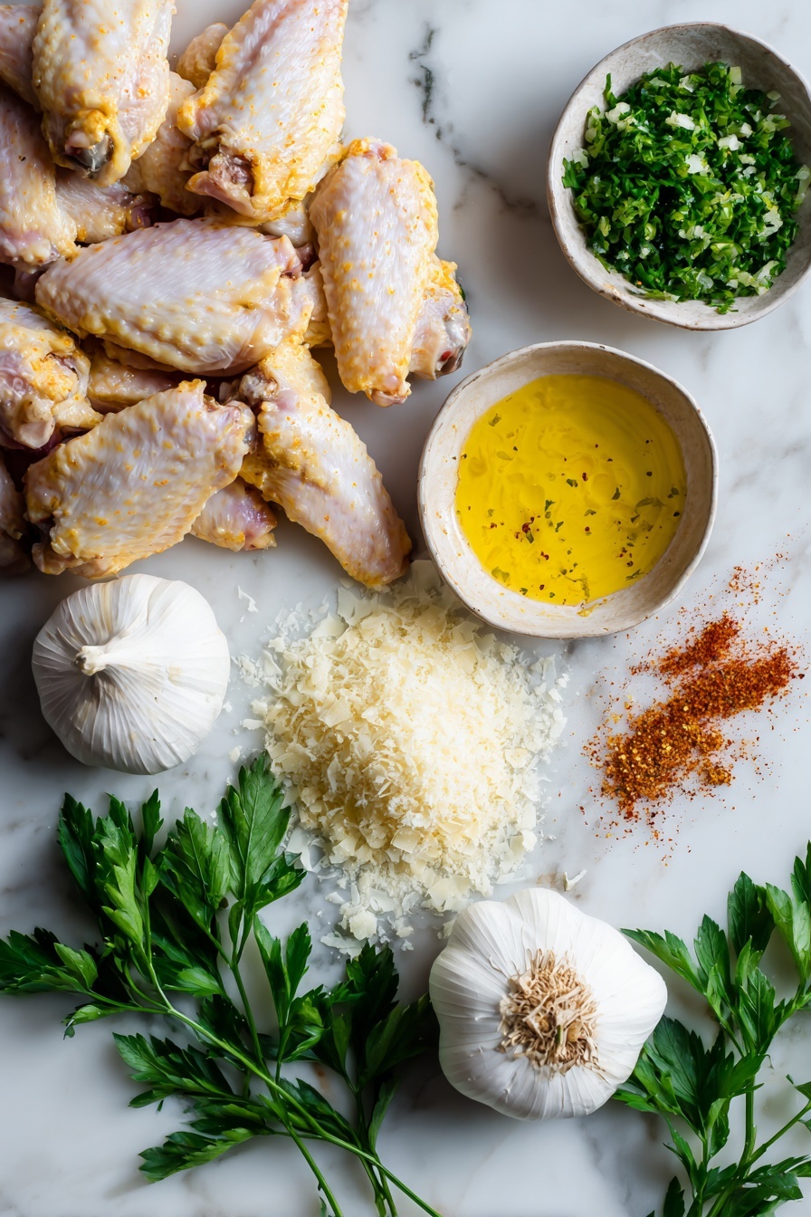 Flat lay of golden raw chicken wings, vibrant minced garlic cloves, fresh bright green chopped parsley, a small mound of finely grated Parmesan cheese, whole garlic bulbs, a scattering of smoked paprika powder, a pat of melted butter glistening softly, and a few sprigs of fresh parsley leaves artfully placed, all arranged on a white marble surface, photo taken with an iphone --ar 2:3 --v 7