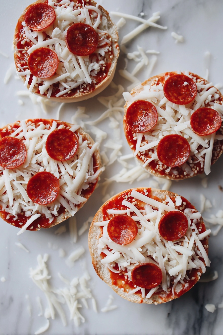 Flat lay of four mini bagel halves topped with bright red pizza sauce, piles of freshly grated mozzarella cheese, and small, round mini pepperoni slices, arranged neatly and invitingly with a few scattered mozzarella shreds around, placed on a white marble surface, photo taken with an iphone --ar 2:3 --v 7