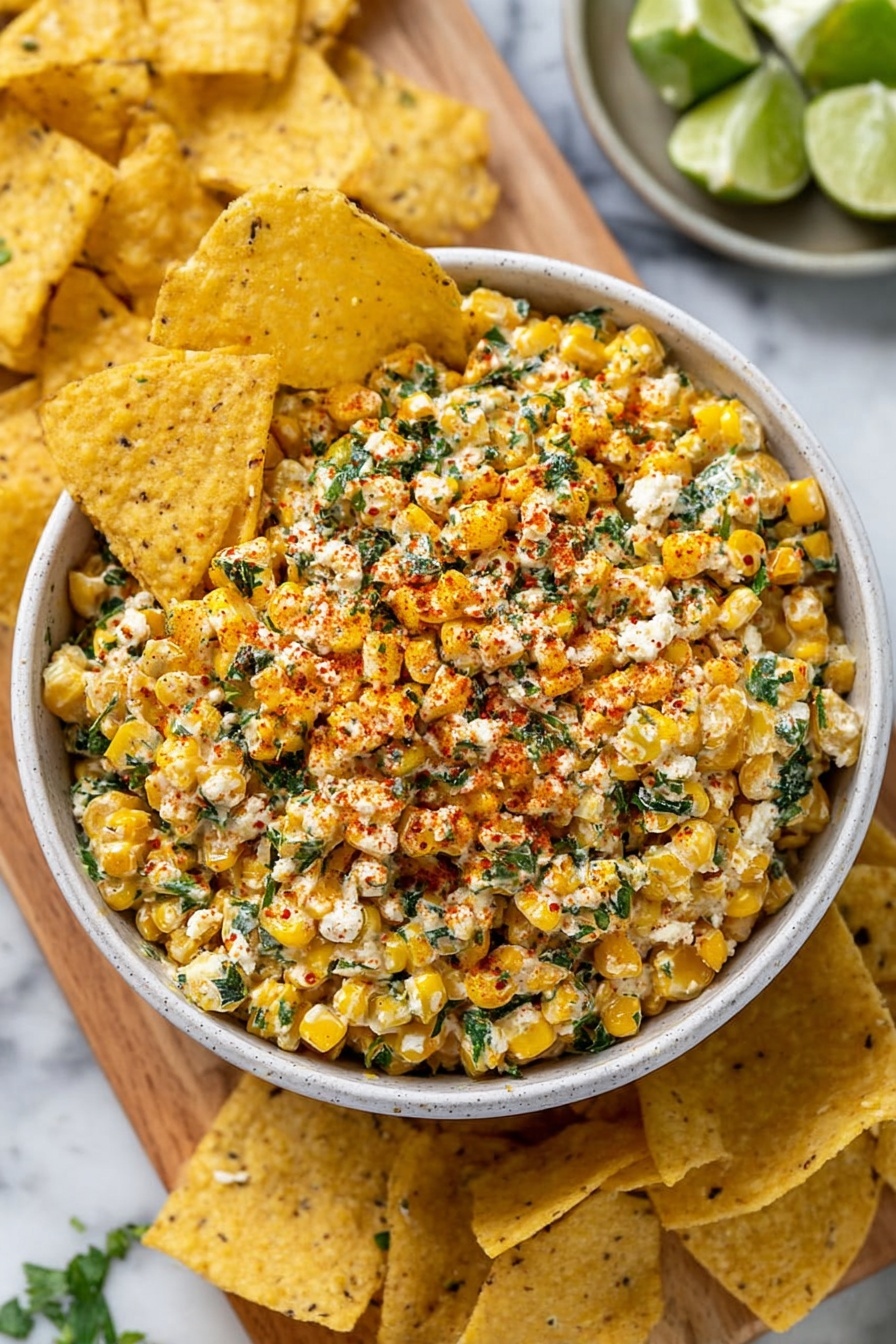 A round white bowl is filled with a colorful mix of yellow corn kernels blended with green herbs and white cheese crumbles, sprinkled with a light dusting of red spice for a pop of color. The textured mix shows small bits of creamy sauce holding the ingredients together. Three lightly speckled yellow tortilla chips are partially dipped into the mix on the bowl's left side and front, with more chips scattered around on a light wooden board beneath the bowl. In the background, a plate with halved lime wedges and some chopped green herbs can be seen on a white marbled surface. Photo taken with an iphone --ar 2:3 --v 7