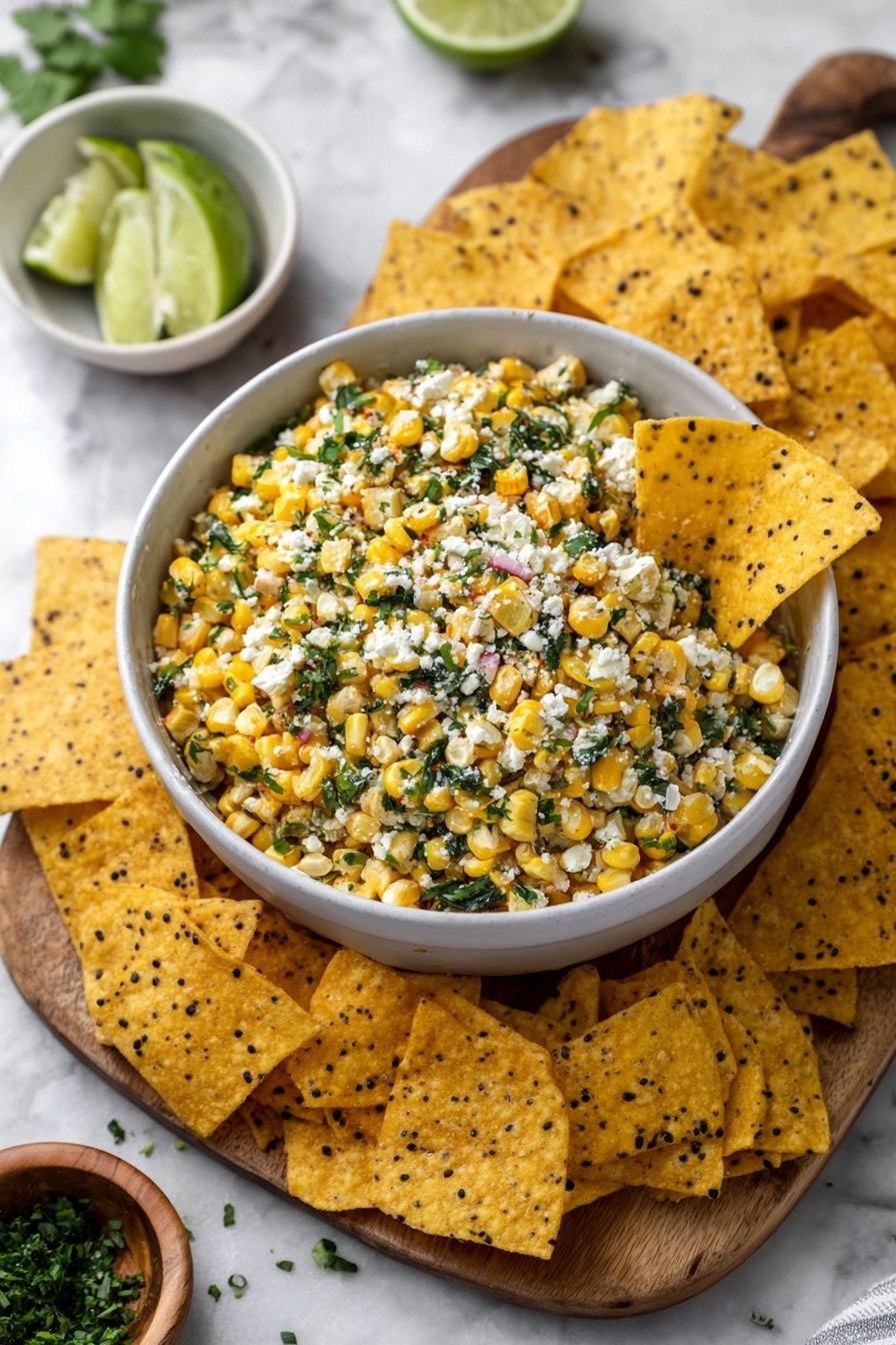 A white bowl filled with a colorful corn salad sits on a wooden board covered with many yellow tortilla chips speckled with black seeds. The salad has bright yellow corn mixed with green herbs and small bits of white cheese sprinkled on top. A few tortilla chips are dipped into the salad, sticking out from the side of the bowl. Around the board, there are lime wedges in a white bowl on a white marbled surface and a small wooden bowl with chopped green herbs. The scene looks fresh and inviting with a mix of textures and colors. photo taken with an iphone --ar 2:3 --v 7