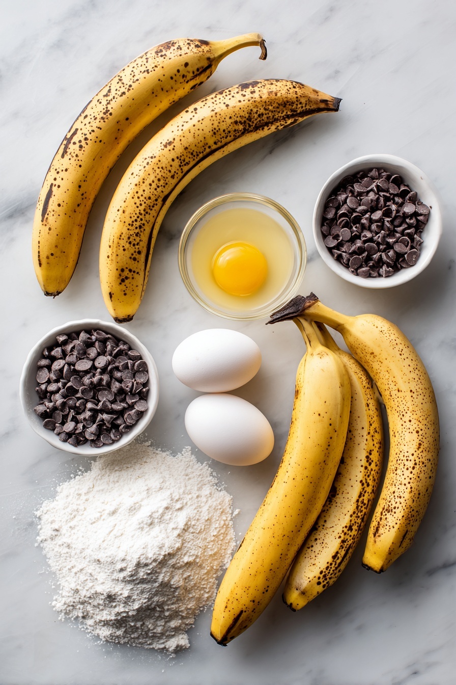 Flat lay of three very ripe bananas with their natural spots, a small pile of mini chocolate chips, a melt of golden butter, two fresh eggs with smooth shells, a heap of granulated sugar sparkling softly, a few tablespoons of bright lemon juice glistening in a shallow puddle, and a mound of white flour dusted lightly, all beautifully arranged with natural light casting gentle shadows, placed on a white marble surface, photo taken with an iphone --ar 2:3 --v 7