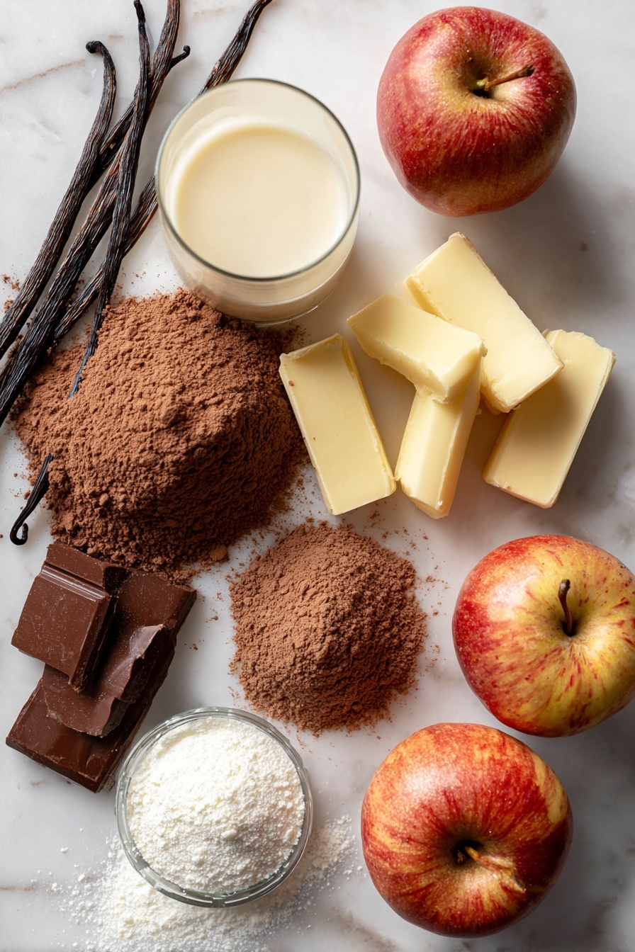Flat lay of rich cocoa powder heaps, smooth vegan butter sticks in soft golden tones, fluffy powdered sugar dusted lightly nearby, plump whole apples for fresh applesauce, a small glass of creamy almond milk with apple cider vinegar, glossy vanilla bean pods, and a scattering of fine granulated sugar crystals, all beautifully arranged on a white marble surface, photo taken with an iphone --ar 2:3 --v 7