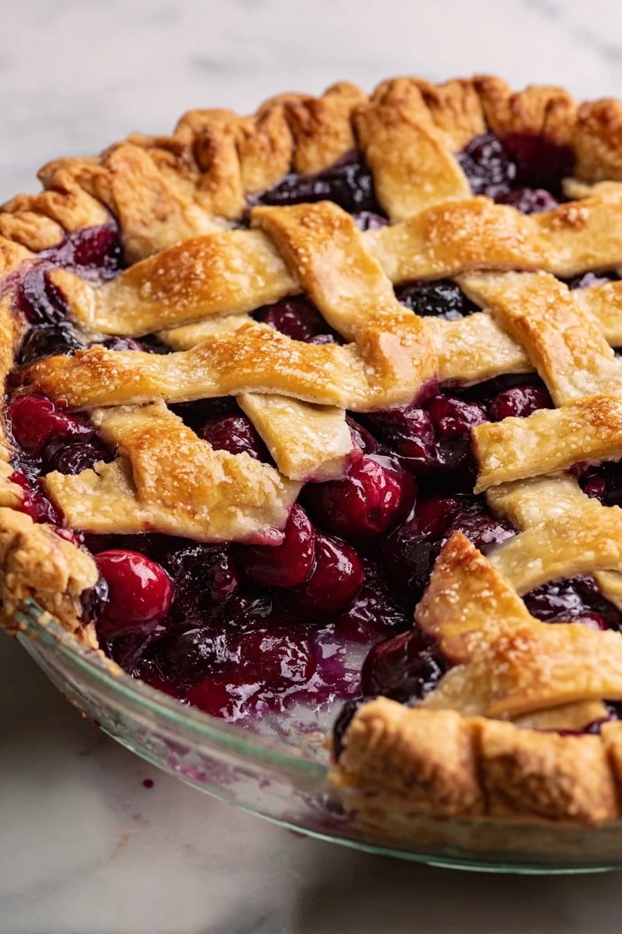 The image shows a cherry pie with a golden-brown lattice crust on top, placed in a clear glass pie dish. The crust has a rough, flaky texture with crimped edges around the rim. Inside the pie, deep red and purple whole cherries fill the inside, visible through the gaps of the woven crust strips. One slice is missing, revealing the juicy, glossy cherry filling that looks thick and rich. The pie is set on a white marbled surface. photo taken with an iphone --ar 2:3 --v 7