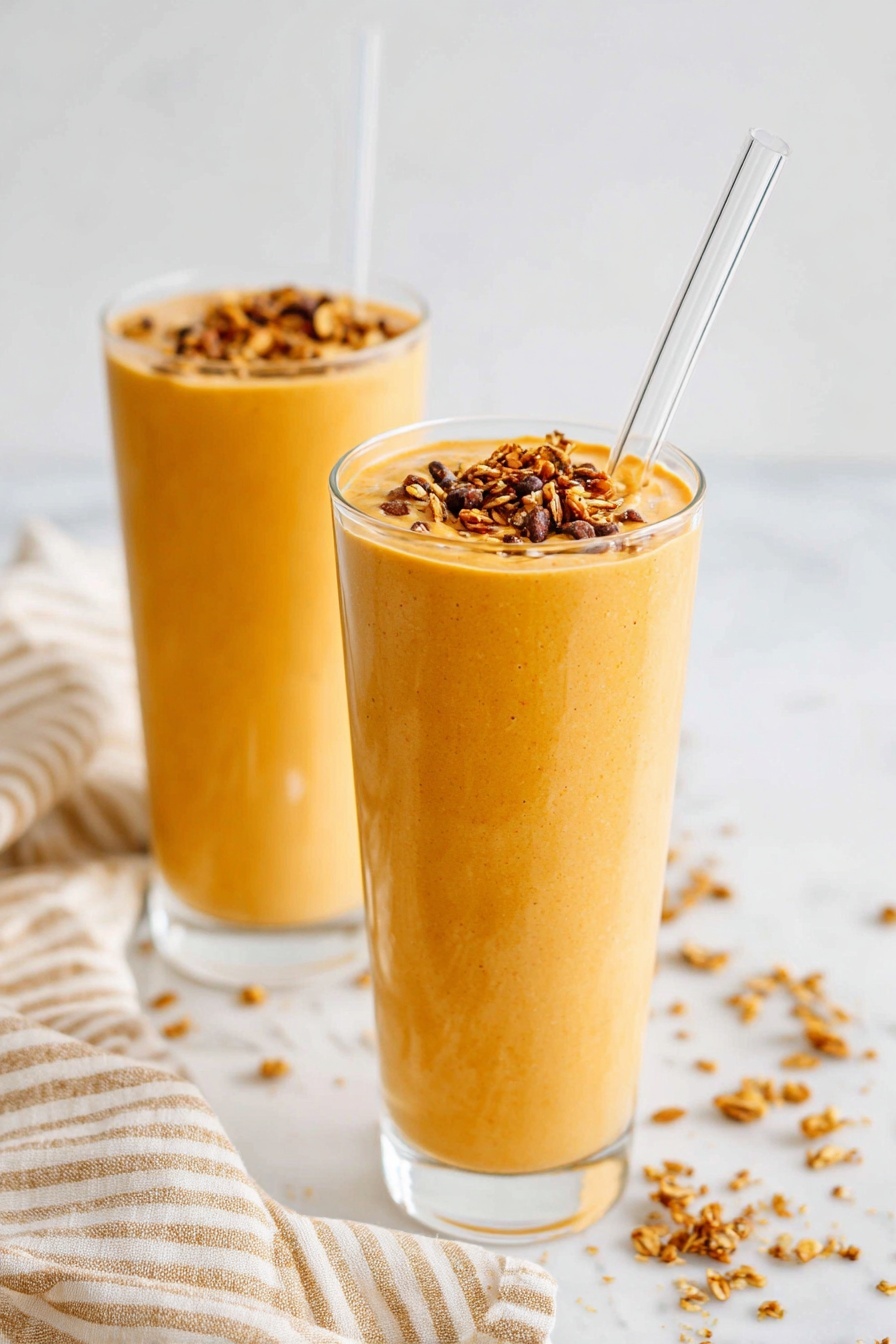 Two tall clear glasses filled with a smooth, thick light orange smoothie are shown. Each glass has a transparent straw and is topped with a crunchy granola mix featuring grains and small dark pieces. There are scattered granola bits on the white marbled surface around the glasses, and a beige and white striped cloth is partly visible on the left side. The photo has soft natural light and a clean, bright look photo taken with an iphone --ar 2:3 --v 7