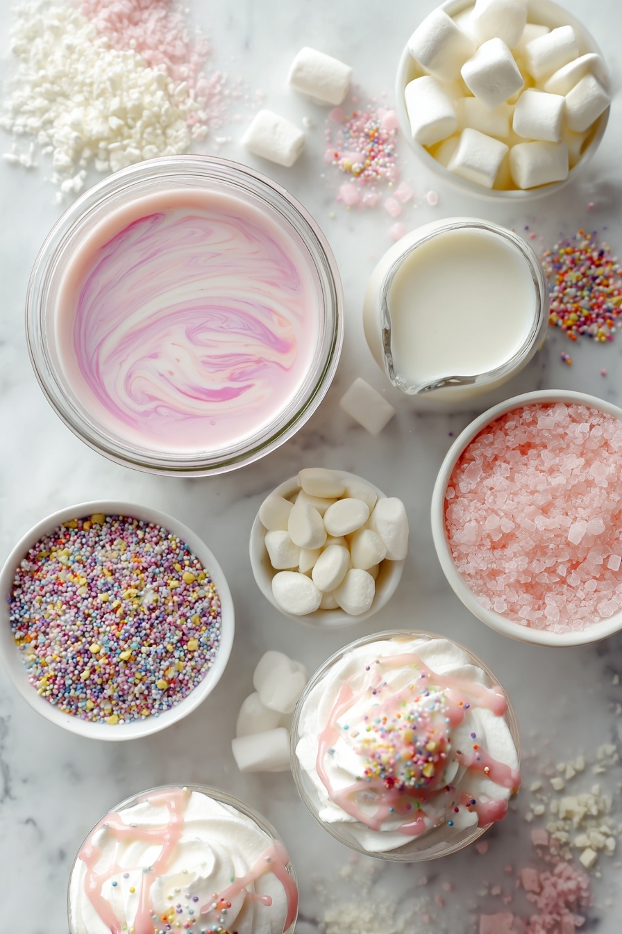 Flat lay of creamy whole milk swirled with pink food coloring in a glass jar, smooth heavy cream in a small pitcher, white hot chocolate mix scattered artfully in a bowl, glossy white candy melts in small candy pieces, colorful pastel sprinkles sprinkled around, fluffy white mini marshmallows carefully placed, dollops of whipped cream with melted pink candy drizzles accenting the scene, all arranged beautifully on a white marble surface, photo taken with an iphone --ar 2:3 --v 7