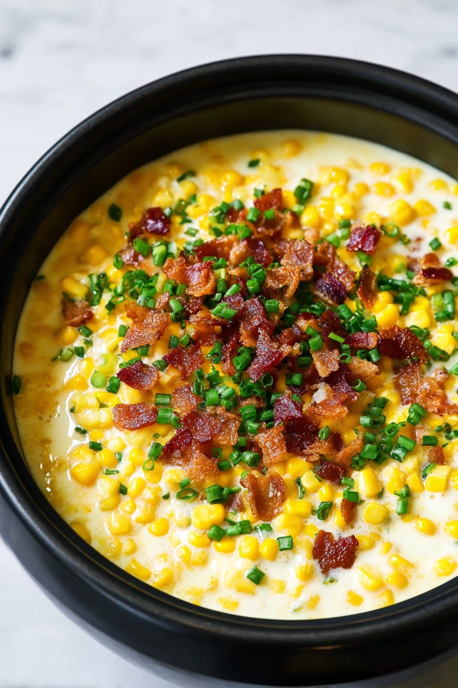 The dish is a single layer of yellow corn mixed with small white bits that look creamy, all inside a dark slow cooker pot. On top, there are pieces of crispy, golden brown bacon scattered unevenly, and bright green chopped chives sprinkled over the whole surface. A large silver spoon is scooping into the mixture from the left side, showing the texture of the corn and toppings clearly. The photo background is a white marbled texture. Photo taken with an iphone --ar 2:3 --v 7