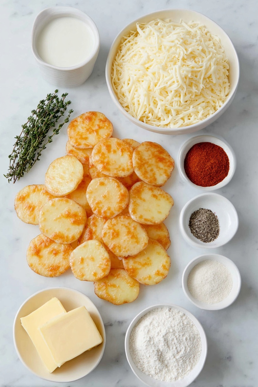 Flat lay of thinly sliced Yukon Gold potatoes with golden edges arranged neatly, a small white bowl of whole milk, a small white bowl filled with shredded gruyere cheese, a small white bowl filled with shredded white cheddar cheese, a small white bowl holding three tablespoons of rich yellow butter, a small white bowl of fine white flour, a small white bowl containing paprika powder in a warm red hue, a small white bowl with garlic powder, a small white bowl with onion powder, a small white bowl of coarse kosher salt, a small white bowl of freshly cracked black pepper, and a few sprigs of fresh green thyme placed with perfect symmetry, all placed on a clean white marble surface, soft natural light, photo taken with an iPhone, professional food photography style, fresh ingredients, white ceramic bowls, no bottles, no duplicates, no utensils, no packaging --ar 2:3 --v 7 --p awthu7i m7354615311229779997