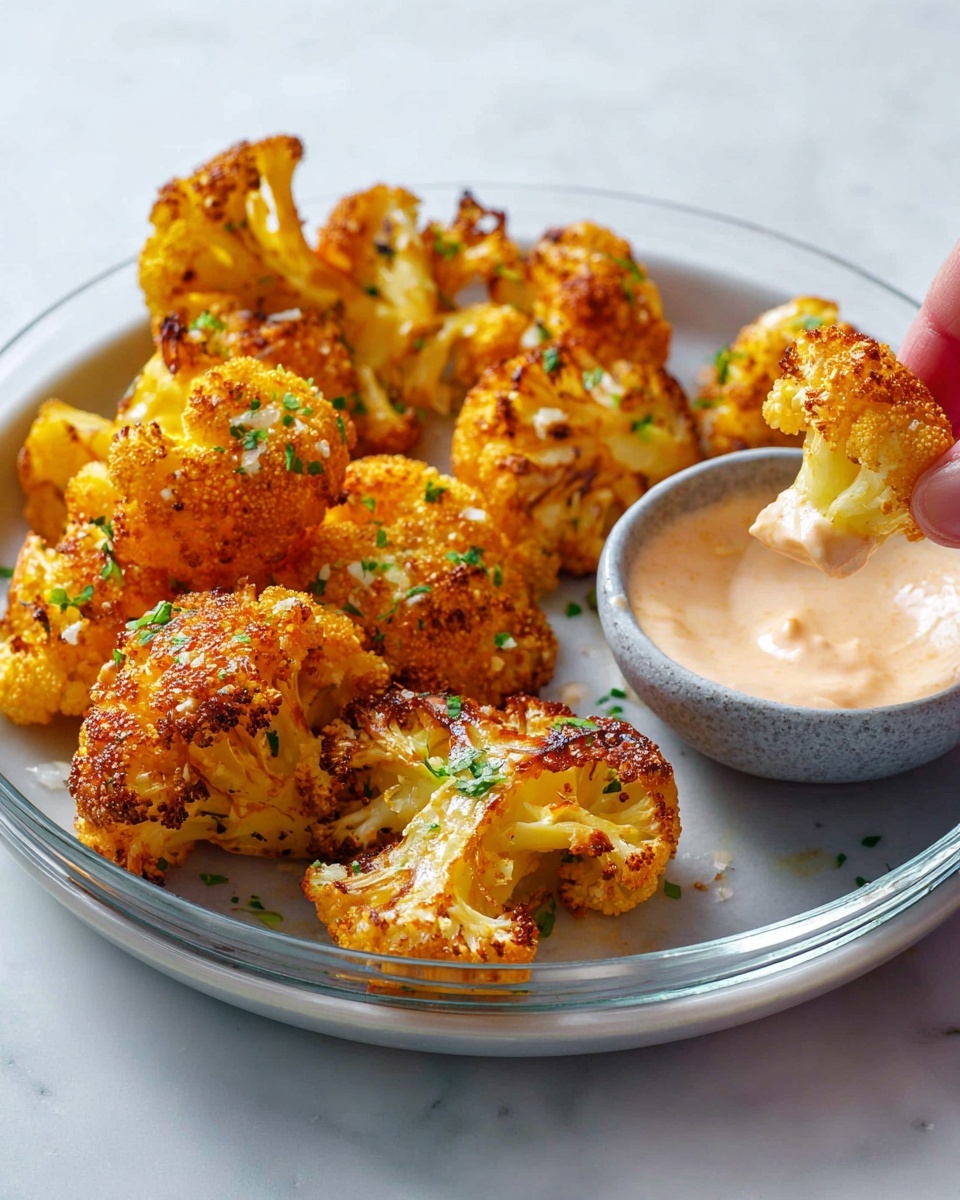 A white plate holds many small and medium pieces of roasted cauliflower, each piece golden yellow with some browned edges and lightly speckled with green parsley leaves scattered on top; on the top right side of the plate sits a small round bowl filled with a creamy, pale orange dipping sauce, and a shiny fork rests on the lower right edge of the plate; the plate sits on a white marbled surface with a folded blue cloth nearby photo taken with an iphone --ar 2:3 --v 7