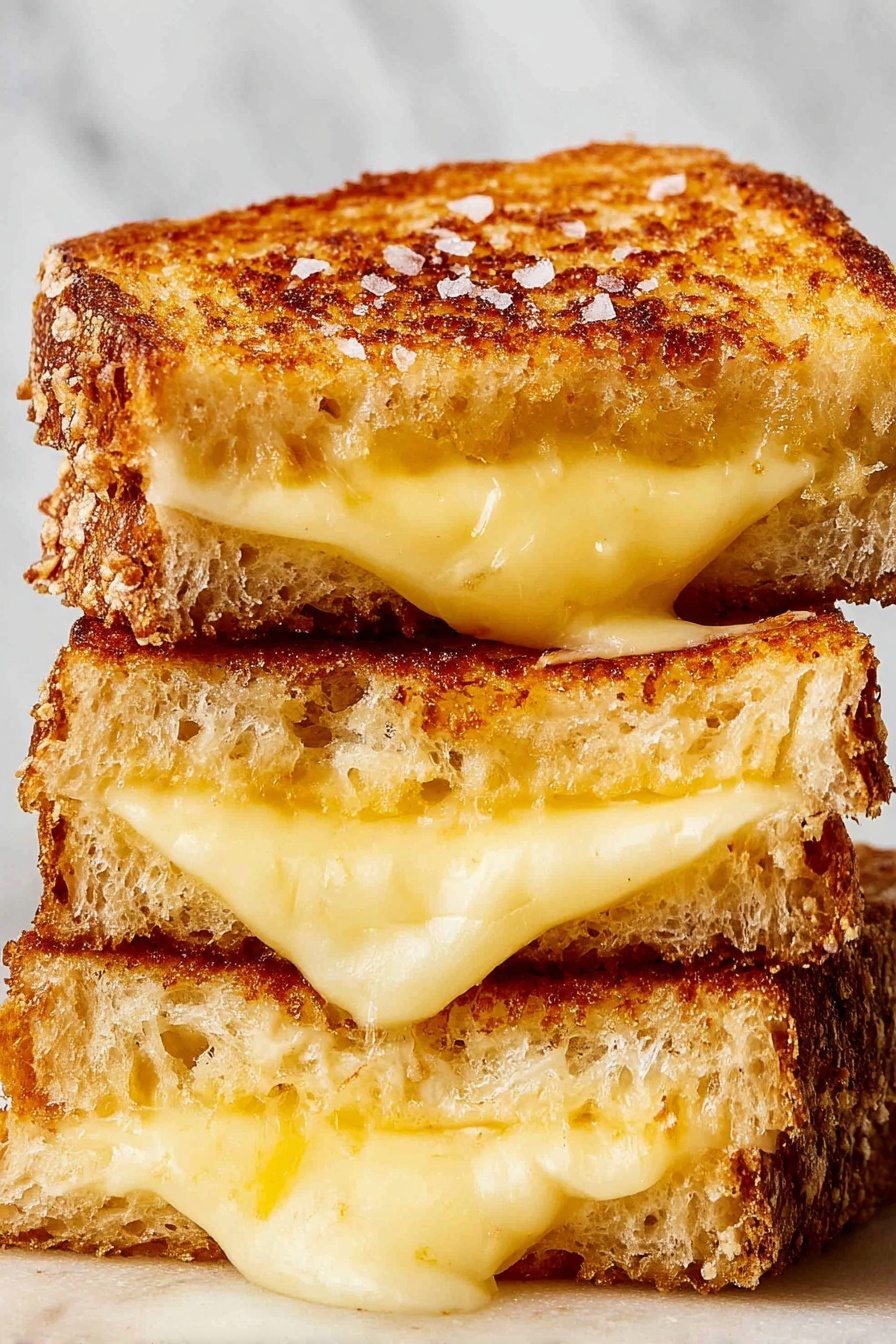 The image shows a stack of three grilled cheese sandwich halves, each layer showing thick, golden-brown toasted bread with a rough, crunchy texture. Between each bread layer, there is melted, creamy yellow cheese dripping slightly out of the sandwich, looking smooth and rich. The bread has some salt flakes sprinkled on top and appears fluffy inside with a crispy outer crust. The background is a white marbled texture. photo taken with an iphone --ar 2:3 --v 7