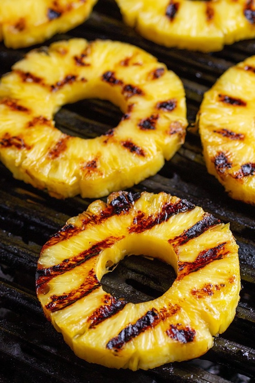 The image shows several grilled pineapple rings on a black grill with dark grill lines marking each piece. Each pineapple slice is bright yellow with a slightly translucent texture and has charred dark brown lines running horizontally across the surface, adding a smoky effect. The rings are thick, laying flat on the grill bars, and the close-up view highlights the juicy, cooked fruit with some areas showing slight caramelization. The background has the black grill surface visible between the pineapple rings. Photo taken with an iphone --ar 2:3 --v 7