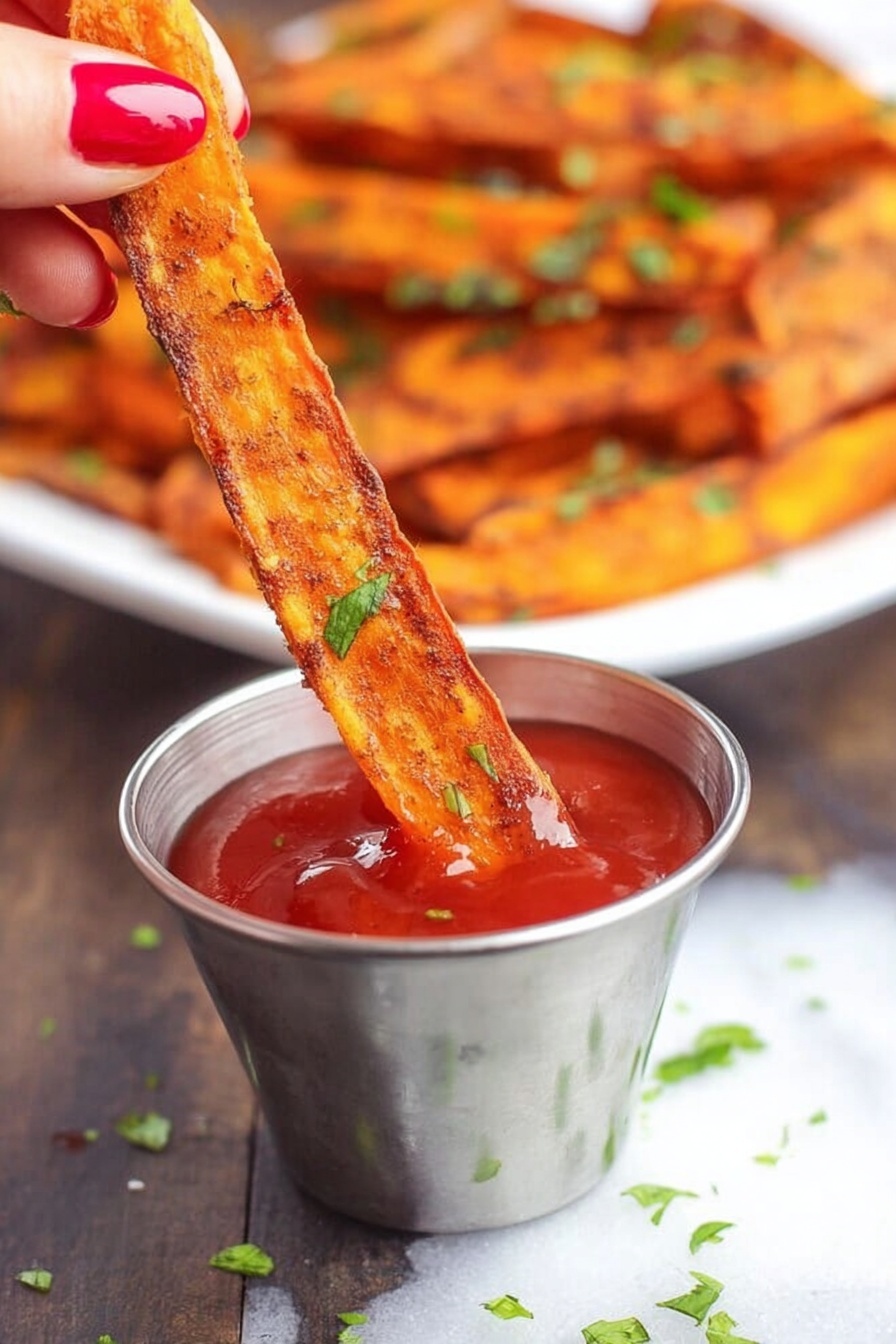 A close-up shot of a single long, thin orange-brown sweet potato fry with visible seasoning and small green parsley bits on it, being held by a woman's hand with red nail polish, dipping into a shiny silver metal cup filled with bright red ketchup. In the background, there is a white plate filled with more sweet potato fries scattered with green parsley bits, all set on a white marbled surface. photo taken with an iphone --ar 2:3 --v 7