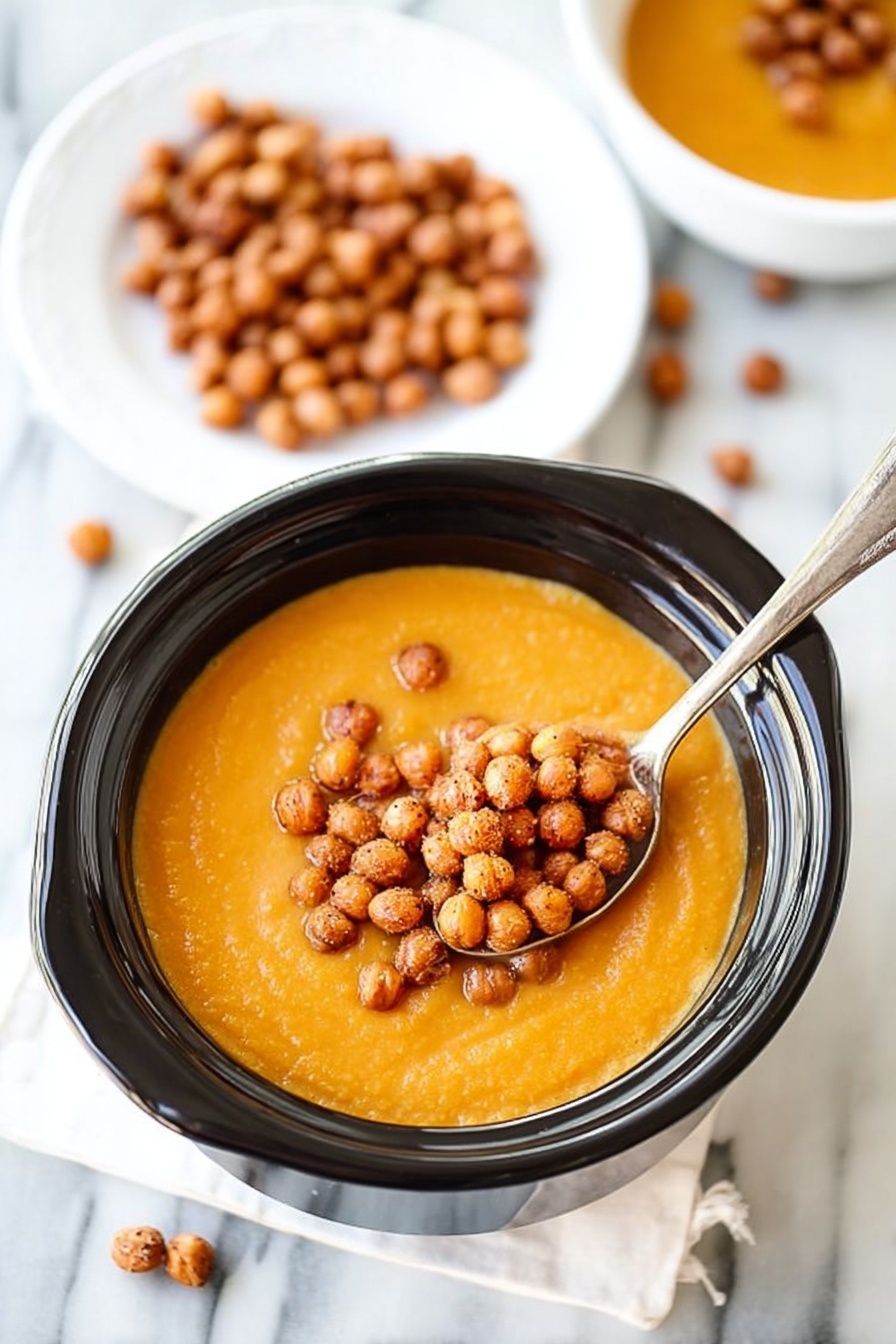 The image shows two white bowls filled with smooth, orange soup, with one bowl in the foreground and the other slightly behind it. On top of the soup in each bowl is a small pile of round, golden brown roasted chickpeas, adding texture and contrast. The bowls sit on a wooden surface, and to the upper right there is a white cloth with a red stripe and scattered roasted chickpeas. The overall look is warm and inviting. photo taken with an iphone --ar 2:3 --v 7
