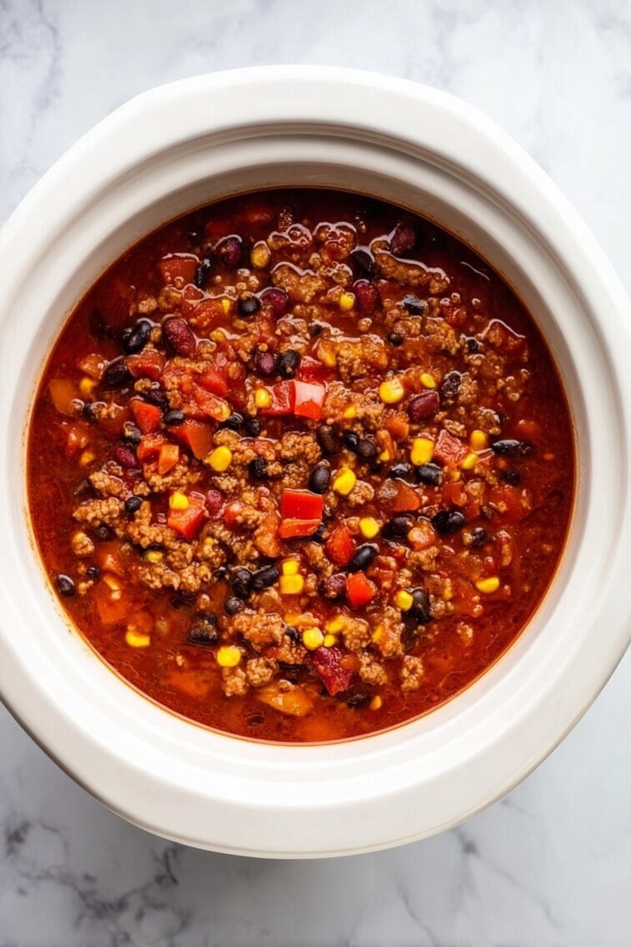 A white bowl filled with a thick chili soup, showing three main layers: the bottom layer is a rich red tomato-based broth, the middle layer has small chunks of cooked ground meat mixed with black beans, and the top layer shows diced red and yellow bell peppers and corn kernels scattered throughout. The texture looks hearty with visible pieces of ingredients floating evenly. The bowl sits on a white marbled surface. Photo taken with an iphone --ar 2:3 --v 7