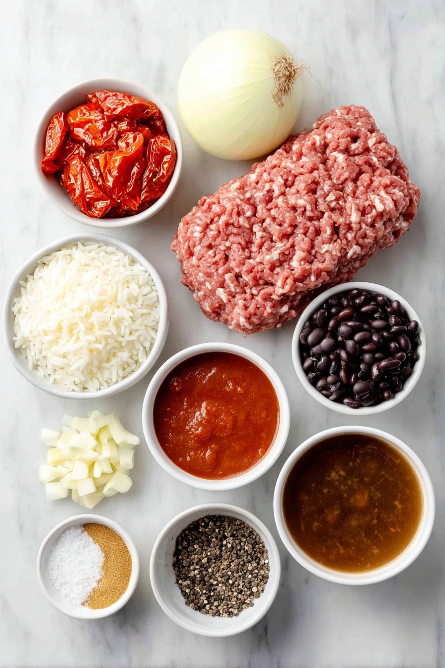 Flat lay of lean ground beef formed into a neat mound, a small pile of golden-brown taco seasoning powder, a peeled small white onion chopped into pieces, two peeled garlic cloves minced finely, bright red fire roasted tomatoes with charred skin in a small white ceramic bowl, dark red chili beans in a small white bowl, shiny black beans rinsed and glistening in a small white bowl, smooth deep red tomato sauce in a small white bowl, rich brown beef broth in a small white bowl, a neat mound of cooked white rice, coarse grains of kosher salt and a small pile of freshly ground black pepper arranged elegantly, all placed on a clean white marble surface, soft natural light, photo taken with an iPhone, professional food photography style, fresh ingredients, white ceramic bowls, no bottles, no duplicates, no utensils, no packaging --ar 2:3 --v 7 --p awthu7i m7354615311229779997