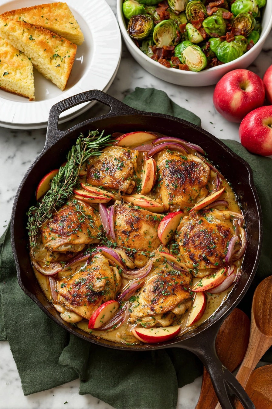 A black cast iron skillet in the center filled with six browned pieces of chicken thighs, layered with slices of red-skinned apples and thin slices of red onion mixed in a light golden sauce, sprinkled with green herbs, with a small bundle of green herbs on the left side of the chicken. The skillet rests on a dark green cloth on a white marbled surface. To the left of the skillet, there is a white plate with three wedge-shaped pieces of golden cornbread, and two red apples behind the skillet. On the upper right side, a white bowl holds bright green cooked Brussels sprouts with small pieces of bacon. Next to the skillet on the left side are two wooden cooking spoons. photo taken with an iphone --ar 2:3 --v 7