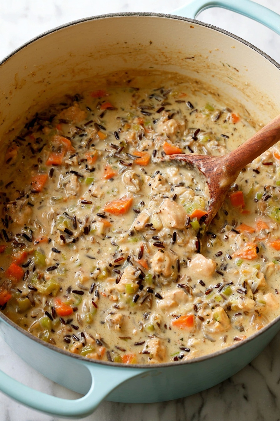 The image shows a large light blue pot filled with a thick creamy mixture that looks like wild rice soup. The soup has chunks of light brown meat, pieces of orange carrot, green celery, and bits of black wild rice. A wooden spoon is stirring the creamy mix, showing the different textures of soft vegetables and meat mixed with the smooth creamy base, all sitting on a white marbled surface. photo taken with an iphone --ar 2:3 --v 7