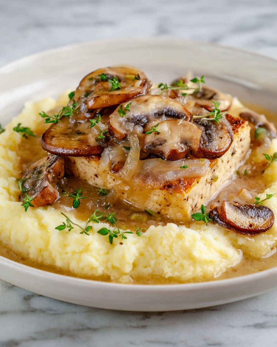 Creamy Sherry Tofu - A white plate holds a creamy, light yellow layer of mashed potatoes spread in a circle. On top of this is a golden-brown cooked patty, covered with a thick sauce mixed with light brown, cooked onion pieces. Several slices of cooked mushrooms, tan with dark edges, are layered on top of the sauce. Small green herb leaves are scattered on and around the food, adding a fresh touch. The background is a white marbled surface. photo taken with an iphone --ar 2:3 --v 7