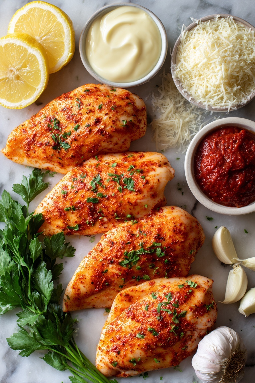 Cajun Chicken Pasta - Flat lay of fresh boneless, skinless chicken breasts seasoned with reddish-orange Cajun spices and smoked paprika, bright green parsley sprigs finely chopped, creamy white heavy cream in a smooth pour, deep red tomato paste dollop, peeled and slightly crushed garlic cloves with a creamy off-white tone, glossy lemon halves showing vibrant yellow pulp, and freshly grated Parmesan cheese with fine, snowy white texture, all arranged naturally with slight overlaps and shadows to highlight their freshness and colors, placed on white marbled surface, photo taken with an iphone --ar 2:3 --v 7