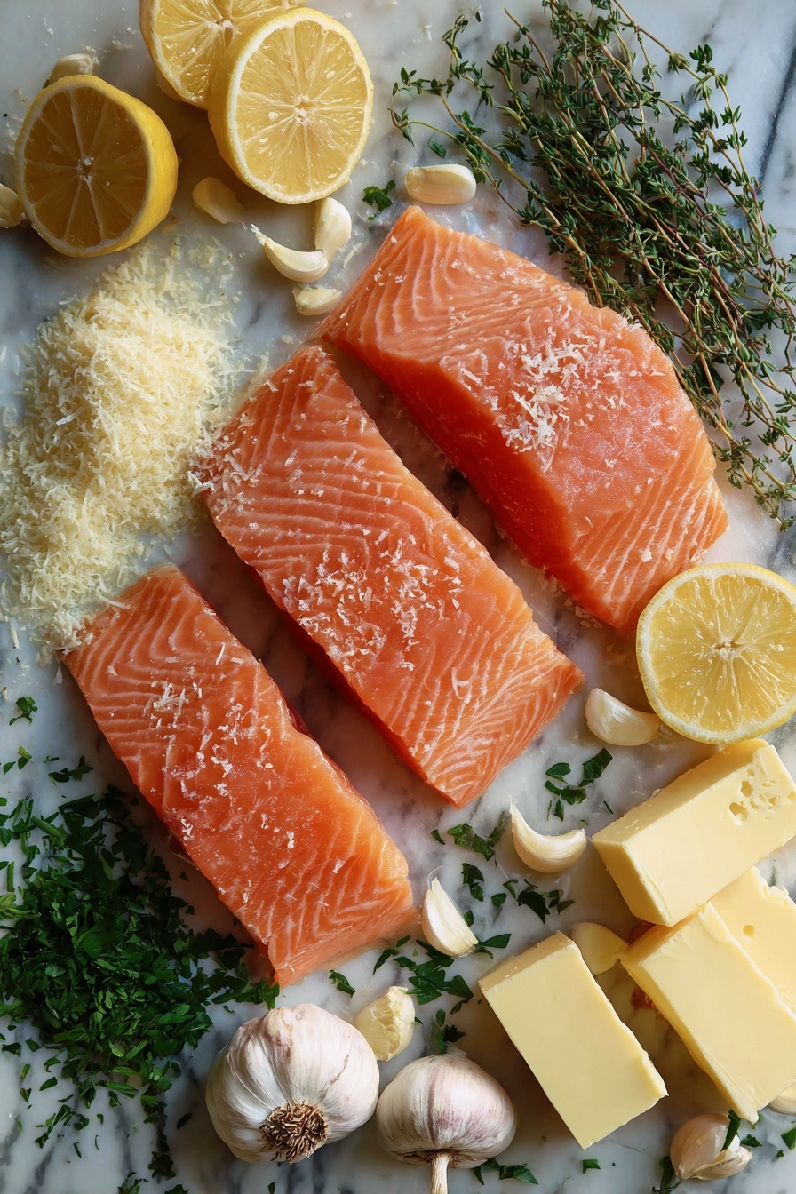 creamy garlic salmon - Flat lay of fresh pink salmon fillets with their smooth, slightly shiny surface, scattered bright green chopped parsley leaves, whole garlic cloves with their papery white skins and creamy texture, rich golden butter blocks melting slightly at the edges, wedges of lemon with juicy yellow pulp and shiny rinds, a small pile of grated Parmesan cheese with its fine, crumbly texture, and a few sprigs of fresh thyme with tiny green leaves, all beautifully arranged with natural spacing and gentle overlapping, placed on white marbled surface, photo taken with an iphone --ar 2:3 --v 7