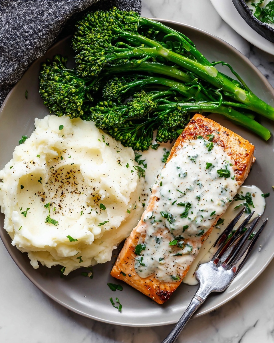 creamy garlic salmon - A white plate holds three sections of food arranged side by side: a mound of smooth, white mashed potatoes with black pepper sprinkled on top on the left, a cluster of bright green steamed broccolini with a slight shine and crisp texture at the top, and a golden-brown grilled salmon fillet on the right, topped with a creamy white herb sauce sprinkled with small green parsley pieces. A silver fork rests partly on the salmon and mashed potatoes. The plate is set on a white marbled surface, with a woman's hand holding the fork. photo taken with an iphone --ar 2:3 --v 7