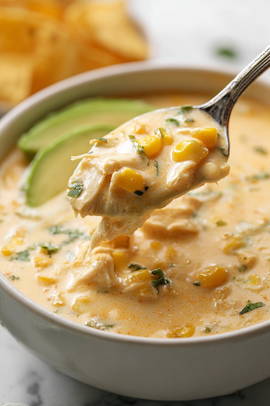 Creamy White Chicken Chili - A close-up image shows a spoonful of creamy soup held above a white bowl filled with the same creamy soup. The soup is thick and light orange in color with visible chunks of yellow corn and small pieces of green herbs. There are pieces of white chicken meat in the soup, covered in the sauce. In the background, slices of bright green avocado and some tortilla chips can be seen partially inside the bowl. The surface under the bowl has a white marbled texture. photo taken with an iphone --ar 2:3 --v 7