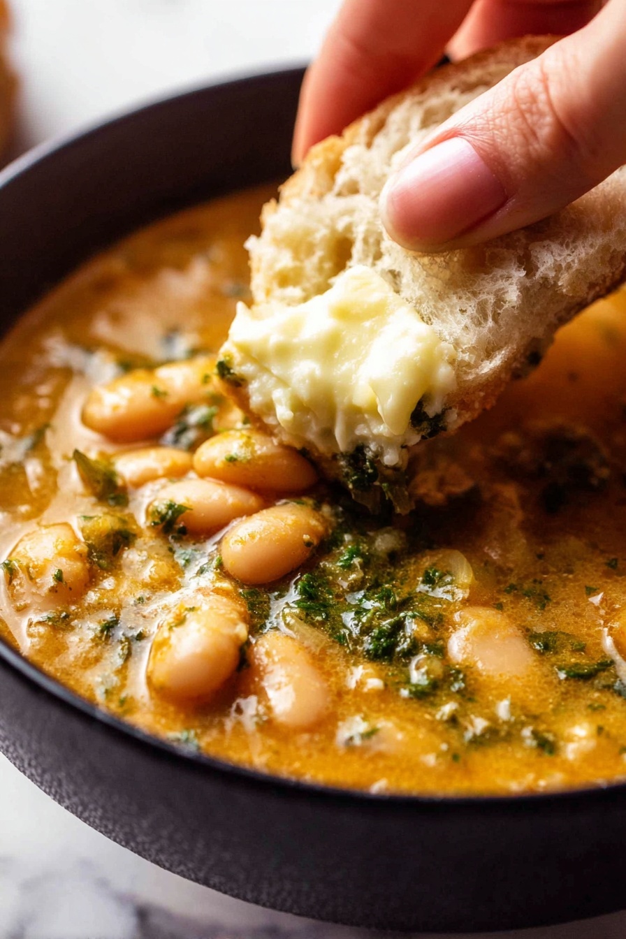 bean soup - A close-up view of a black bowl filled with thick soup that has a mix of beige beans and green vegetable bits in orange broth with visible herbs. A woman's hand is holding a piece of white bread with creamy light yellow butter being dipped into the soup. The soup surface has a slightly shiny and textured look, with the bread being soft and fluffy. The background shows a white marbled texture. photo taken with an iphone --ar 2:3 --v 7