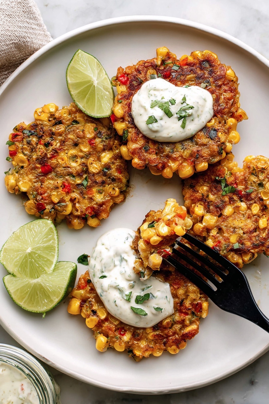 The image shows a white plate with four golden brown corn fritters that have a rough texture with visible corn kernels, small green herbs, and bits of red pepper mixed throughout. One fritter has a spoonful of white creamy sauce with small green herb pieces on top. A black fork is holding a piece of one fritter dipped in the same white sauce. Two lime wedges sit on the left side of the plate. The plate rests on a white marbled surface, and a small glass jar of extra white sauce is partly visible in the bottom left corner. photo taken with an iphone --ar 2:3 --v 7