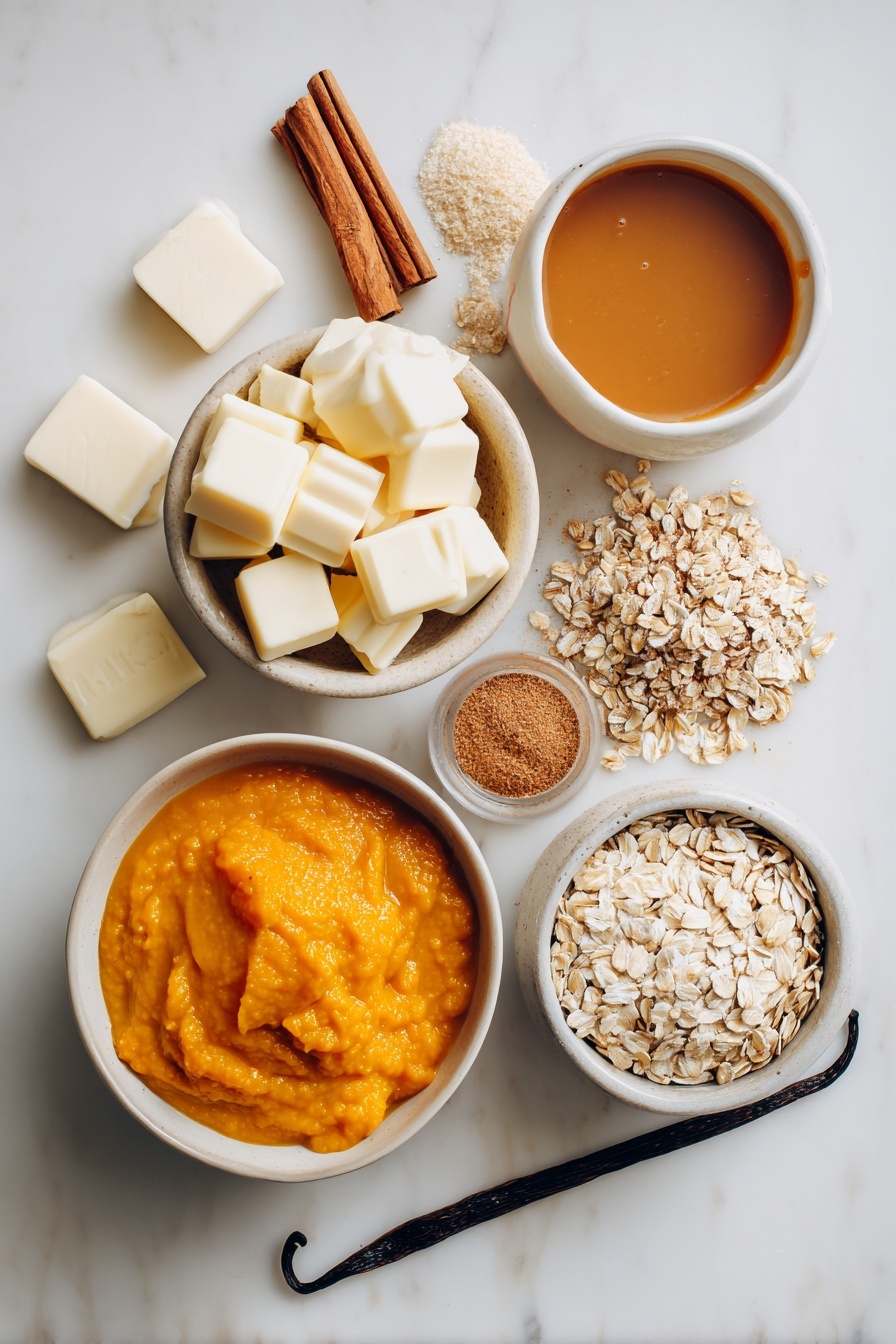 Flat lay of bright orange pumpkin puree in a bowl, chunks of creamy white chocolate, golden cubes of unsalted butter, a small pile of light brown sugar, rolled oats with a sprinkle of warm cinnamon and cardamom powder, thick caramel sauce with a glossy texture, and fresh heavy cream beside a vanilla bean pod, all beautifully arranged in soft natural light, placed on a white marble surface, photo taken with an iphone --ar 2:3 --v 7