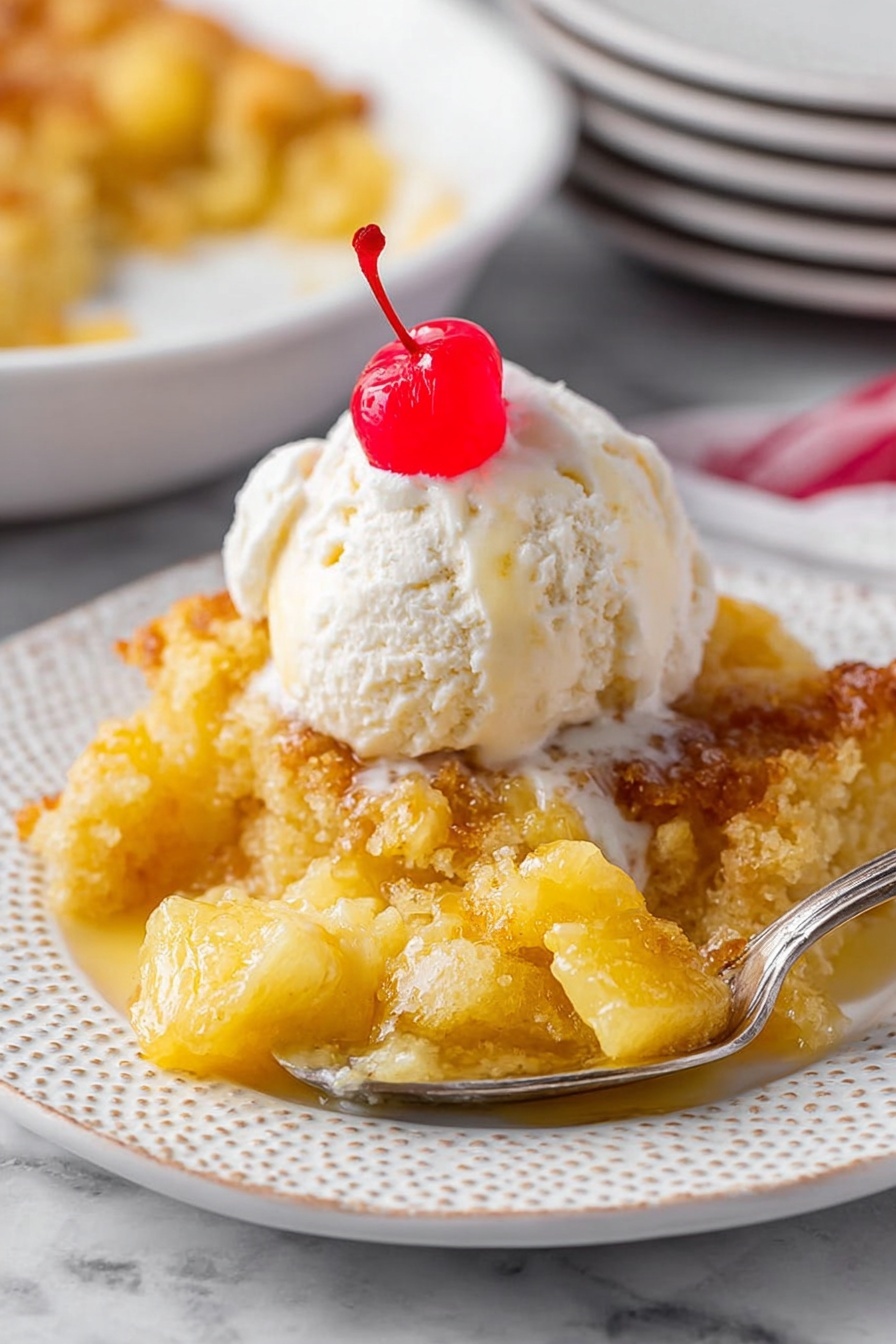 A white textured plate with a layer of golden baked pineapple cobbler on the bottom showing a crispy, crumbly surface and soft, juicy pineapple chunks underneath. On top of the cobbler is a scoop of smooth, creamy white ice cream that is slightly melting. A bright red cherry sits on the ice cream. A silver spoon holds a scoop of the cobbler and melting ice cream near the plate. The background has stacked white plates and a white marbled surface under the plate. photo taken with an iphone --ar 2:3 --v 7