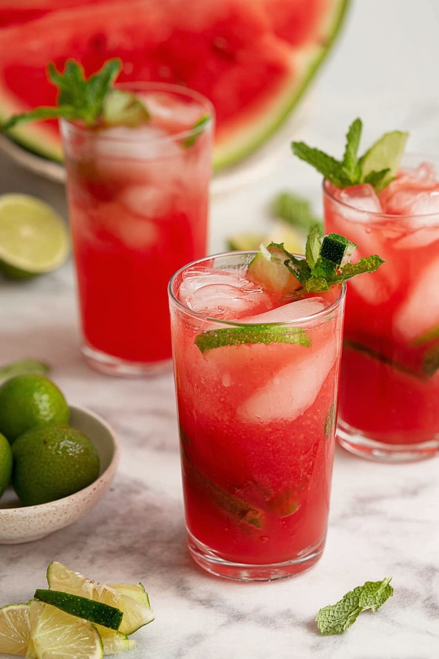 Three clear glasses filled with a red watermelon drink are shown on a white marbled surface. Each glass has ice cubes floating in the drink with visible layers of light red at the top and a deeper red at the bottom. One glass in front also has a thin green lime slice inside and a dark green cucumber stick with two fresh green mint leaves standing up as garnish. In the background, there are large bright red watermelon slices with green skins and small round whole green limes in a white bowl. Some mint leaves are scattered on the surface around the glasses. Photo taken with an iphone --ar 2:3 --v 7